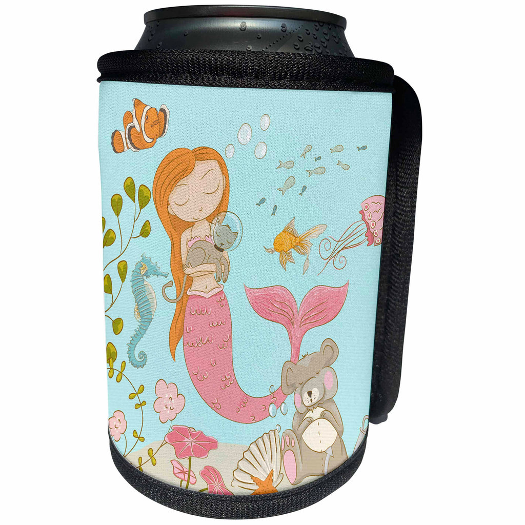3dRose Uta Naumann Sayings and Typography - Ocean Fairy Underwater Illustration for Kids - Mermaid Bear Cat - Can Cooler Bottle Wrap (cc_275564)