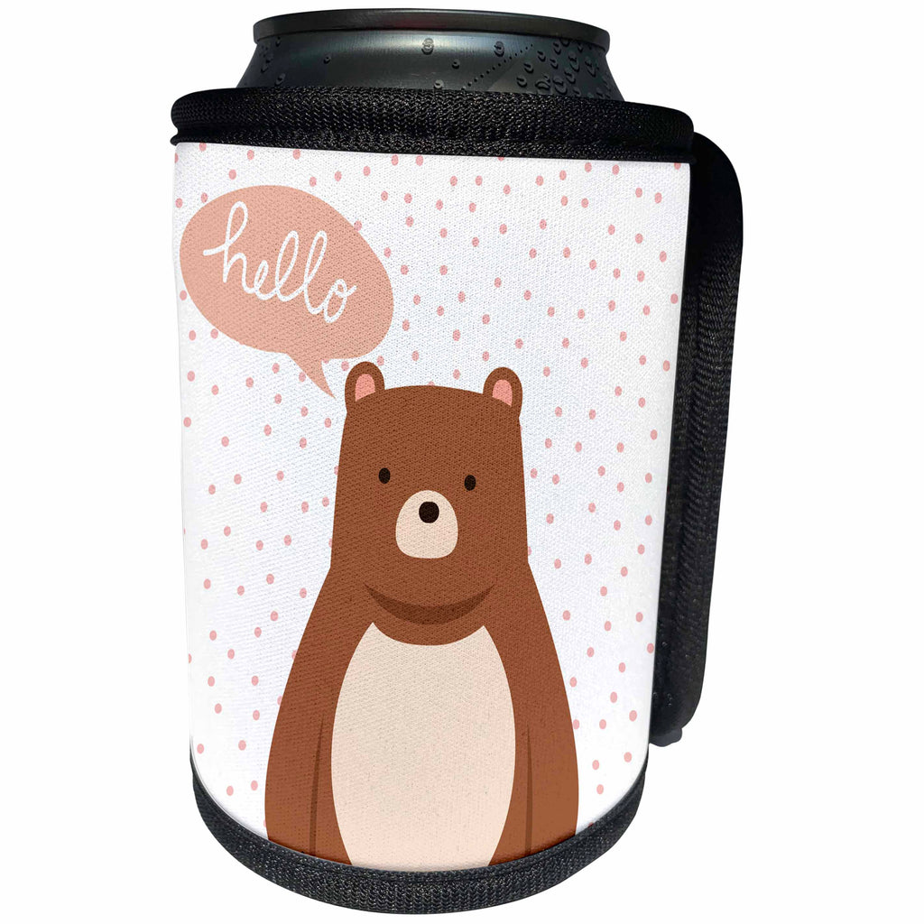 3dRose Uta Naumann Sayings and Typography - Cute Baby Wild Animal Bear Typography On Polkadots- Hello - Can Cooler Bottle Wrap (cc_275574)