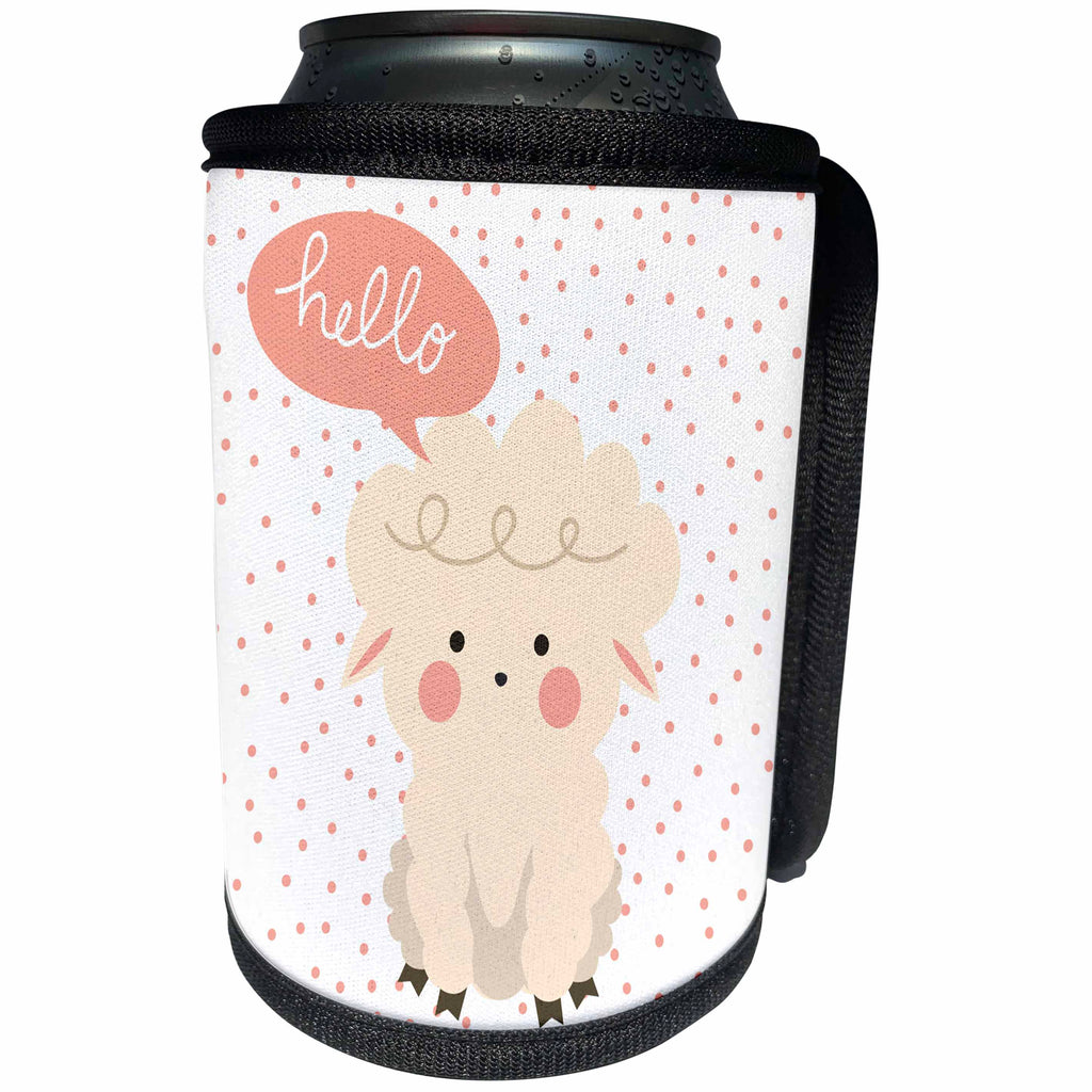 3dRose Uta Naumann Sayings and Typography - Cute Baby Wild Animal Sheep Typography On Polkadots- Hello - Can Cooler Bottle Wrap (cc_275578)
