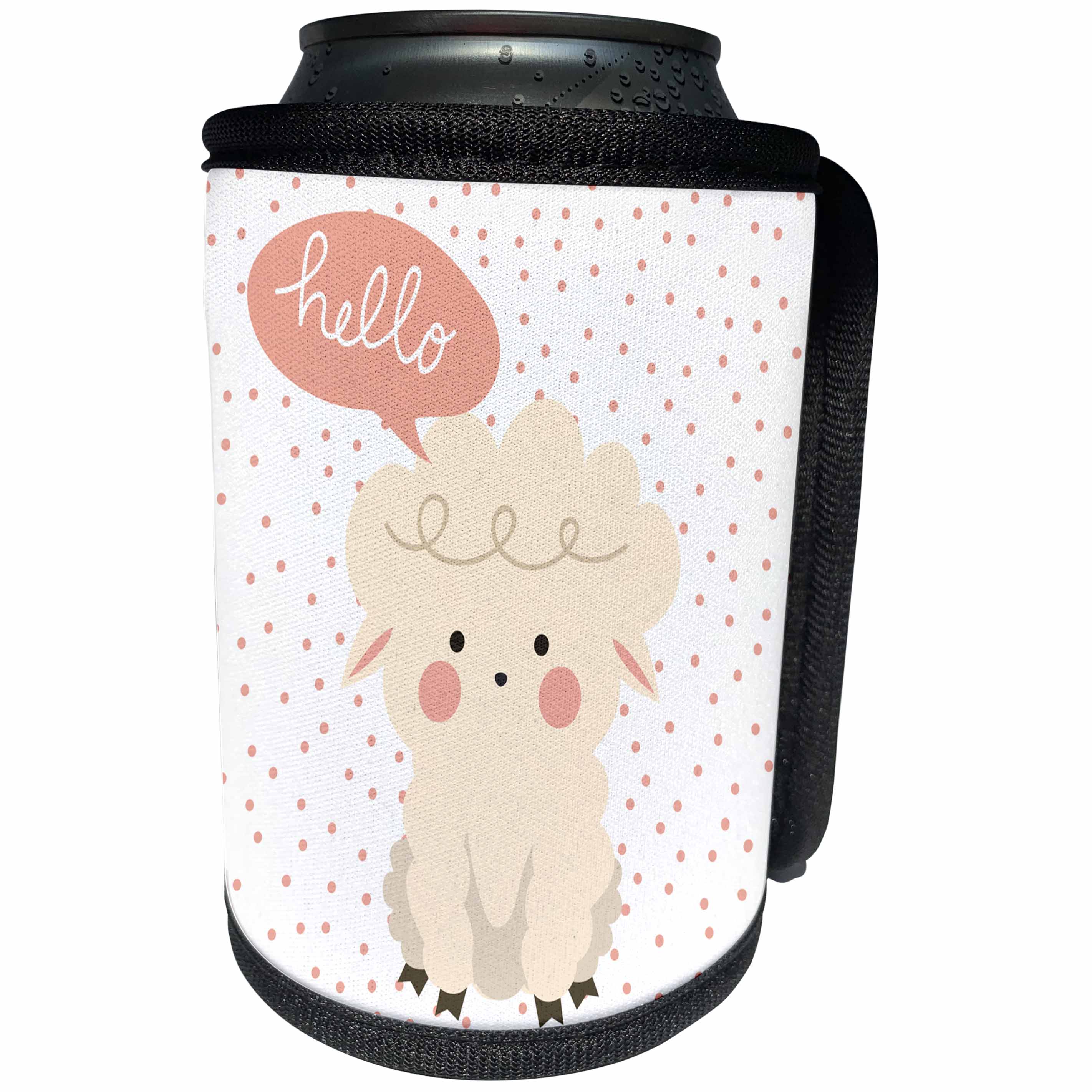 3dRose Uta Naumann Sayings and Typography - Cute Baby Wild Animal Sheep Typography On Polkadots- Hello - Can Cooler Bottle Wrap (cc_275578)