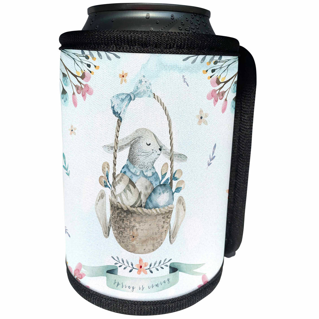 3dRose Uta Naumann Sayings and Typography - Cute Floral Easter Bunny Basket Illustration - Spring Is Coming - Can Cooler Bottle Wrap (cc_275587)