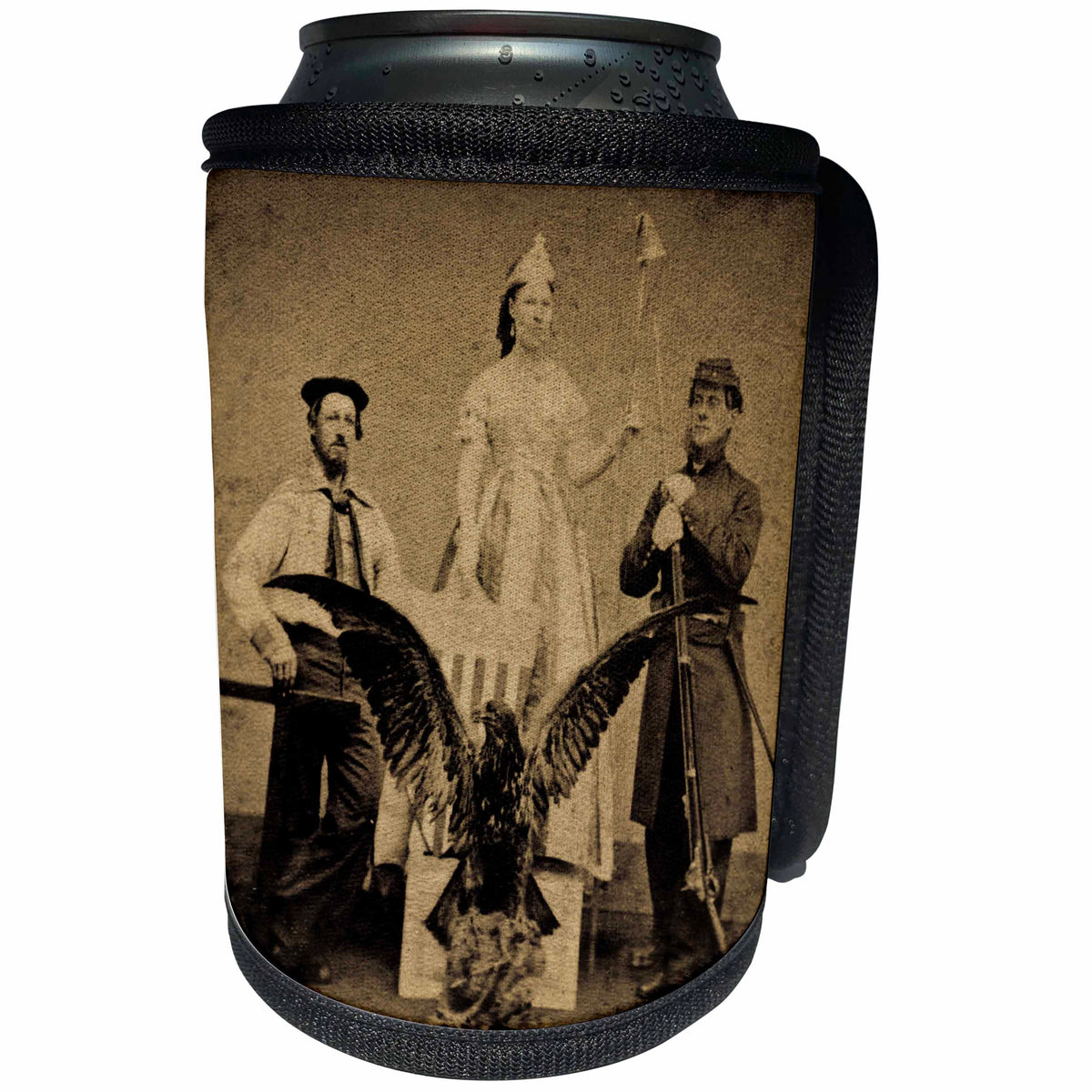 3dRose Scenes from the Past Stereoview Card - American Civil War Union Soldier and Sailor and Lady Liberty Antiqued Tone - Can Cooler Bottle Wrap (cc_27559)