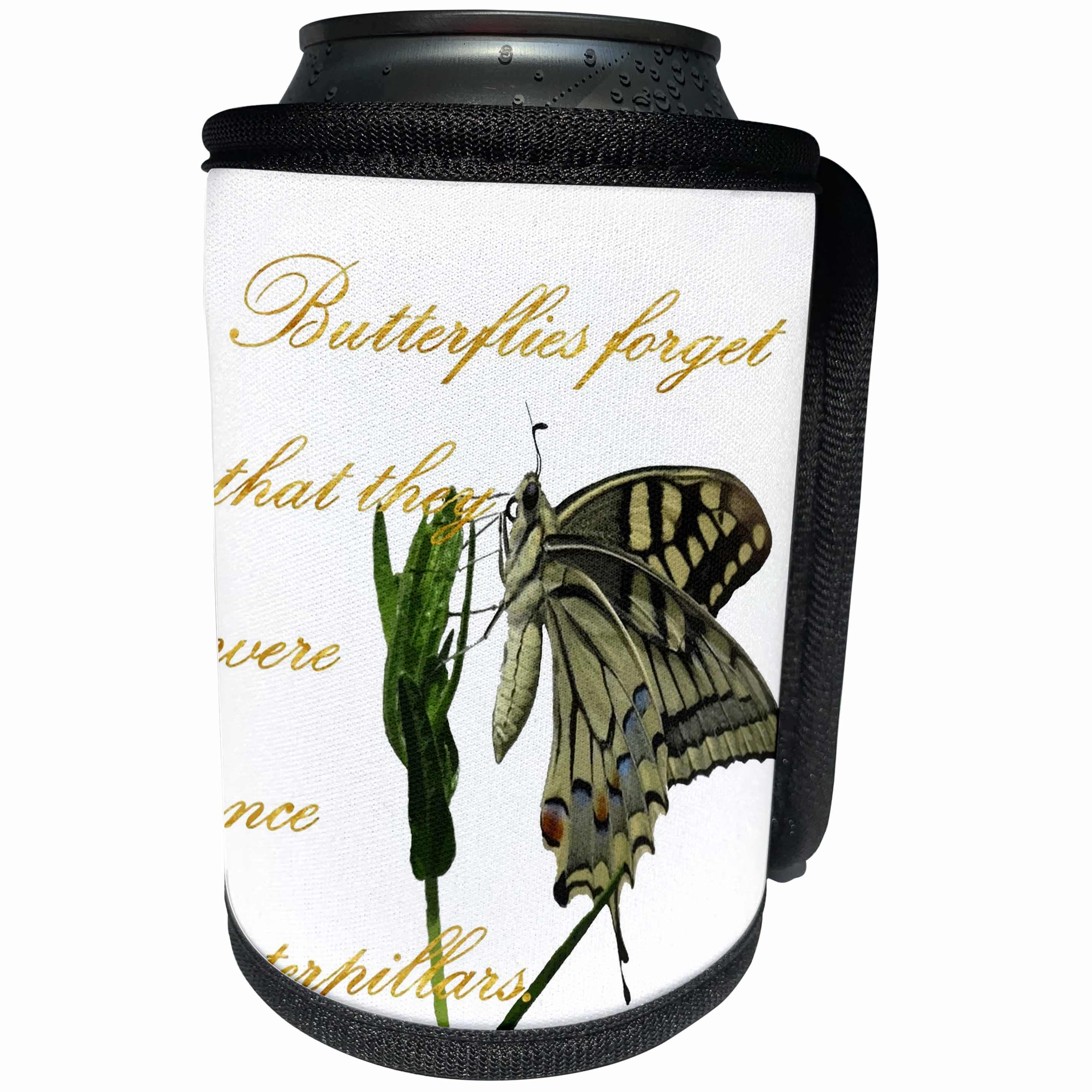 3dRose Taiche - Typography - Inspirational Quote - Butterflies Forget They Were Once Caterpillars Proverbial Text - Can Cooler Bottle Wrap (cc_275616)
