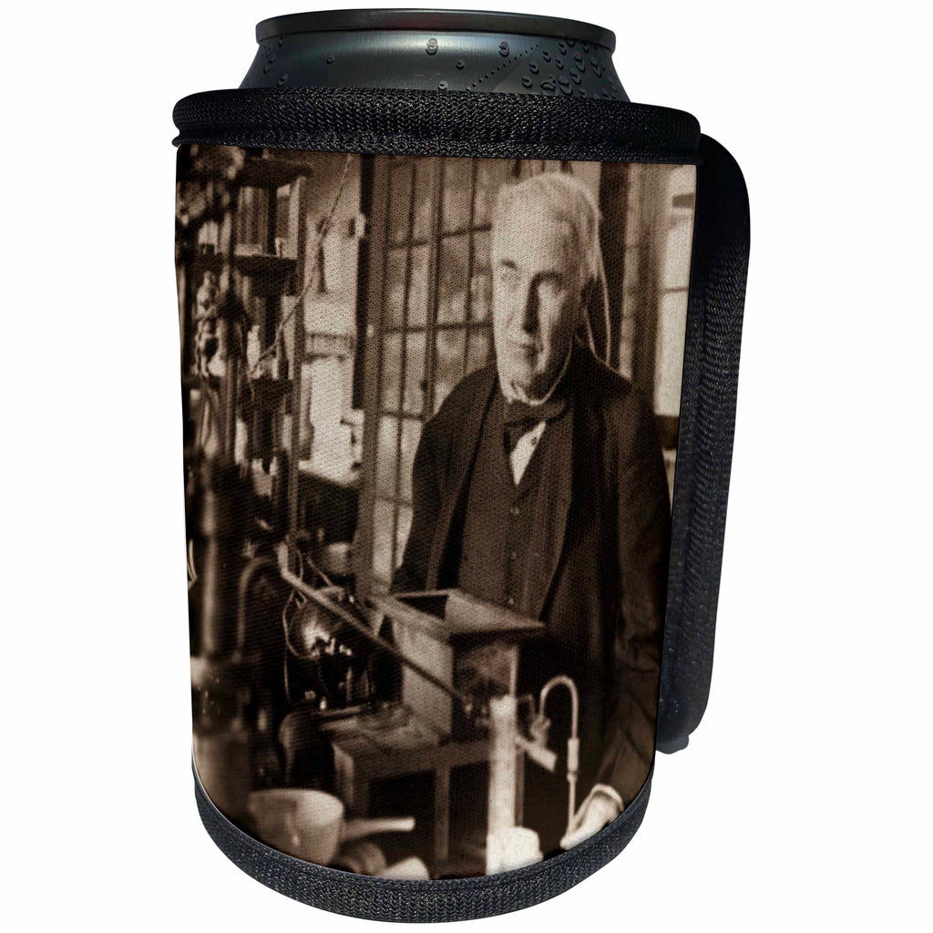 3dRose Scenes from the Past Stereoview Card - Thomas Edison in His Lab Antiqued Tone - Can Cooler Bottle Wrap (cc_27562)