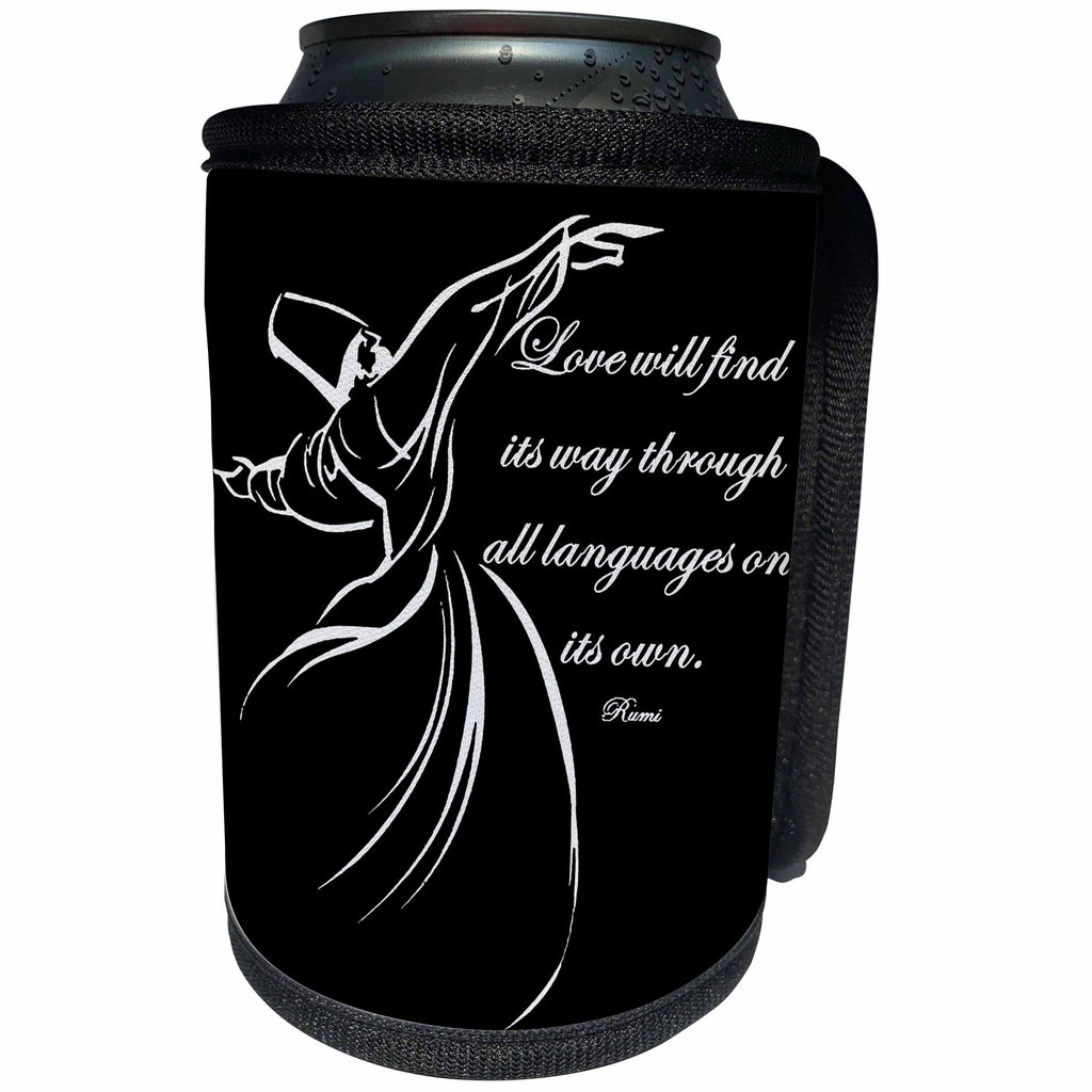 3dRose Taiche - Typography - Inspirational Quote - Love Will Find Its Way Through All Languages Rumi Quote - Black Background - Can Cooler Bottle Wrap (cc_275631)