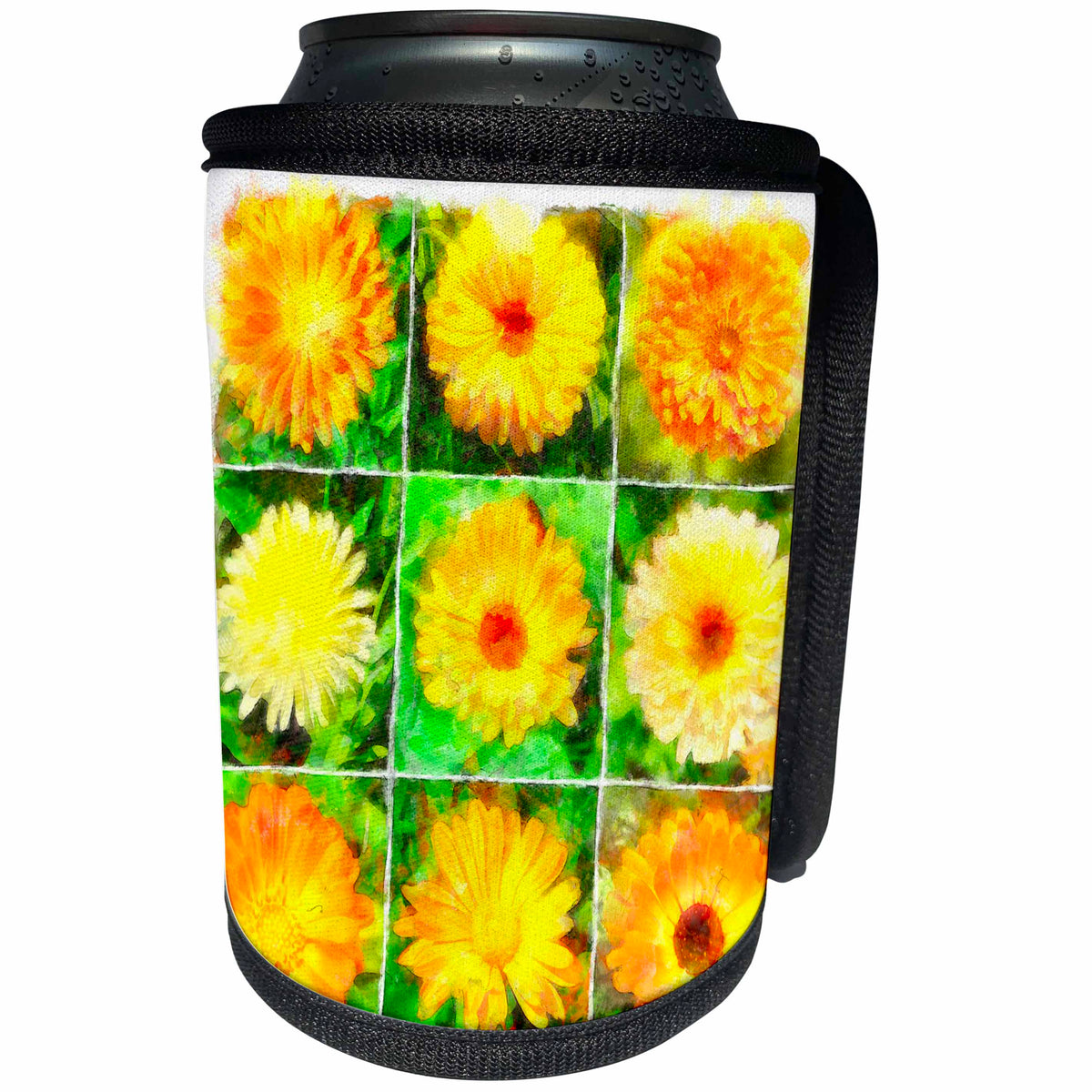3dRose Taiche - Watercolor Painting - Marigolds - Watercolour Collage of Yellow And Orange Marigolds - Can Cooler Bottle Wrap (cc_275632)