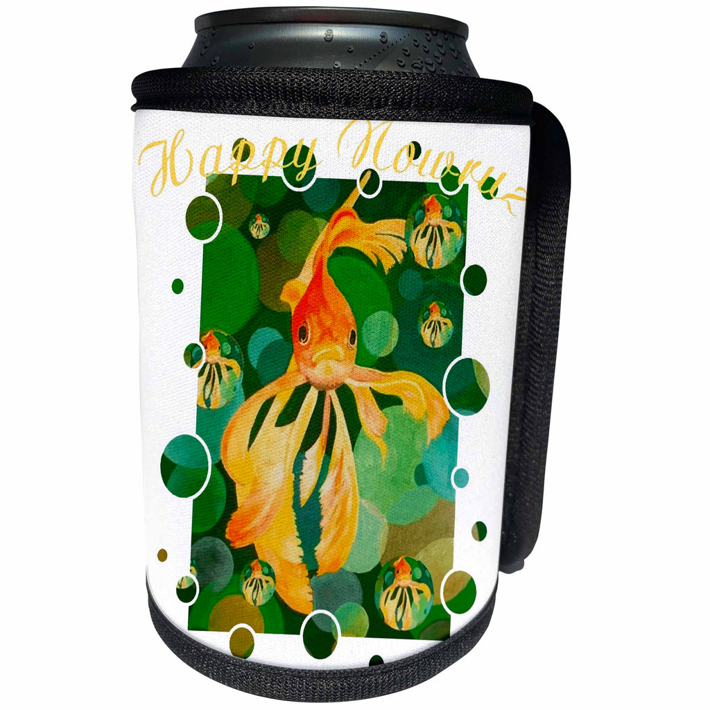 3dRose Taiche - Greeting Card - Happy Nowruz - Happy Nowruz Persian New Year Goldfish In Green Sea - Can Cooler Bottle Wrap (cc_275640)