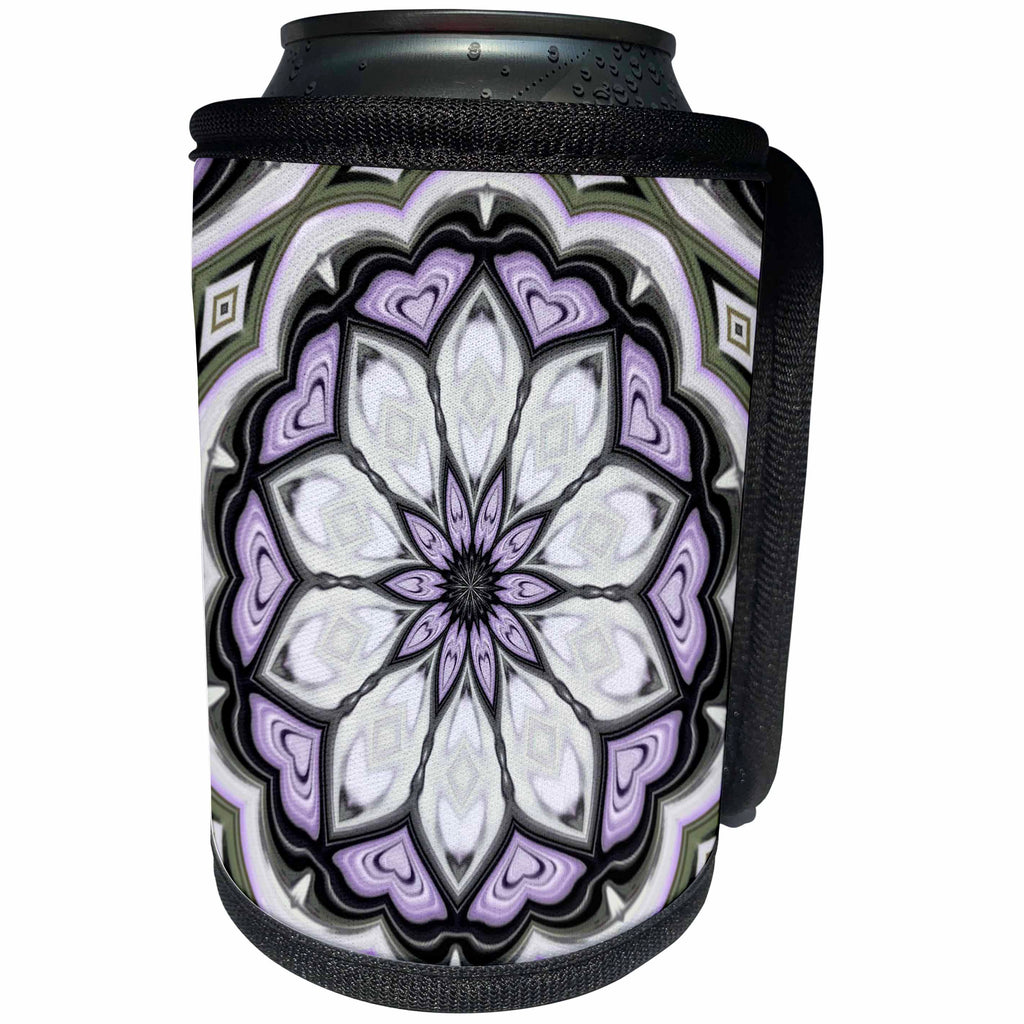 3dRose Taiche - New Media Art - Kaleidoscope - Image of Ultra Violet Silver and Lilac Abstract Floral Pattern - Can Cooler Bottle Wrap (cc_275644)