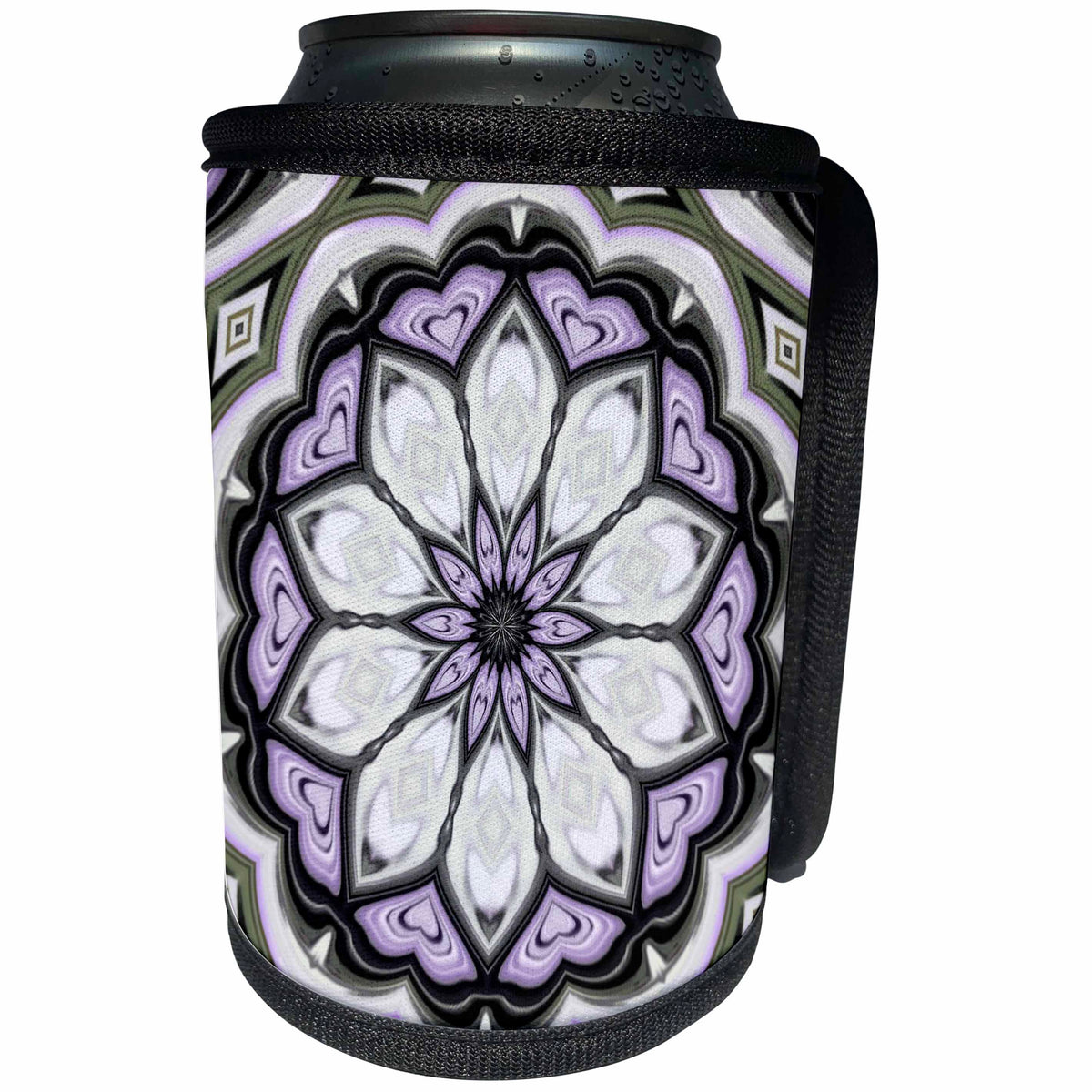 3dRose Taiche - New Media Art - Kaleidoscope - Image of Ultra Violet Silver and Lilac Abstract Floral Pattern - Can Cooler Bottle Wrap (cc_275644)
