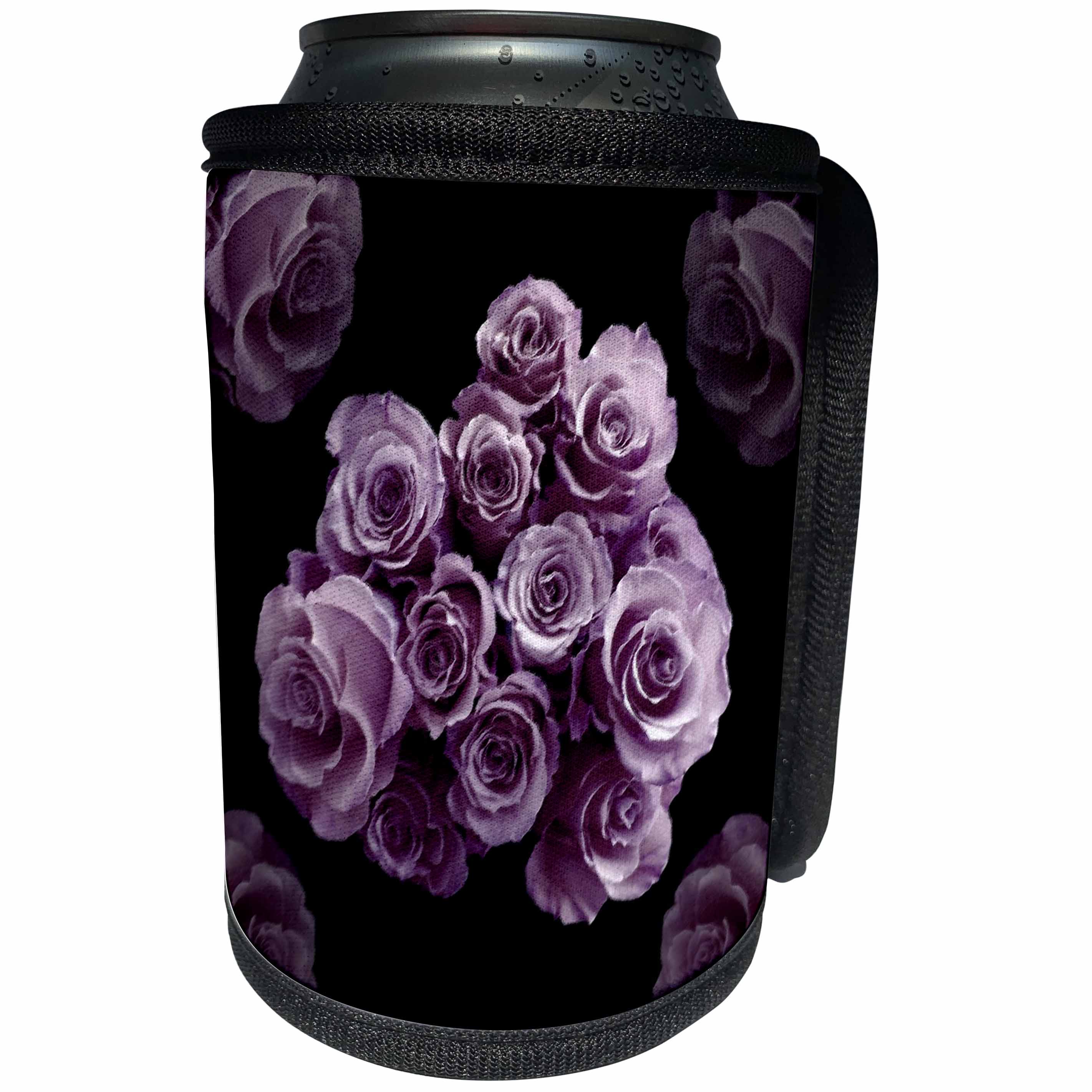 3dRose JaclinArt Garden Nature Florals Flowers Roses Bouquet Wedding - Pastel lilac purple rose bouquet on black background - Can Cooler Bottle Wrap (cc_27566)