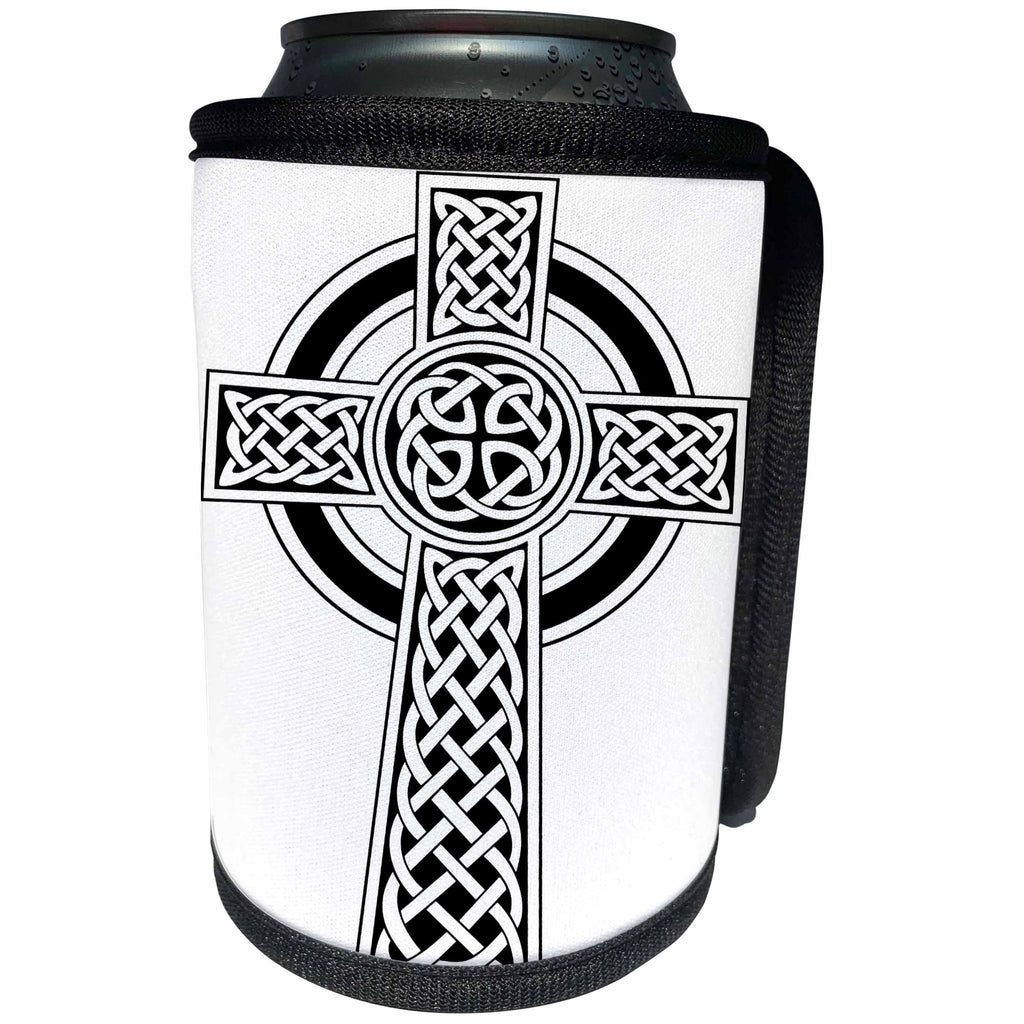 3dRose Taiche - Vector - Celtic Cross - St Patricks Day Celtic Cross Black and White - Can Cooler Bottle Wrap (cc_275680)
