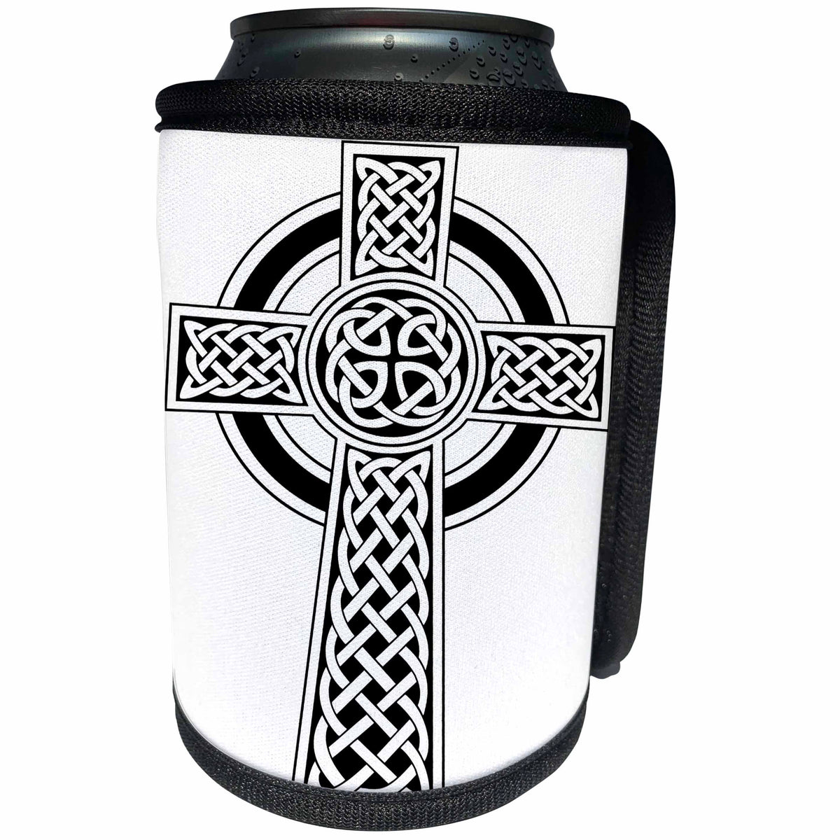3dRose Taiche - Vector - Celtic Cross - St Patricks Day Celtic Cross Black and White - Can Cooler Bottle Wrap (cc_275680)