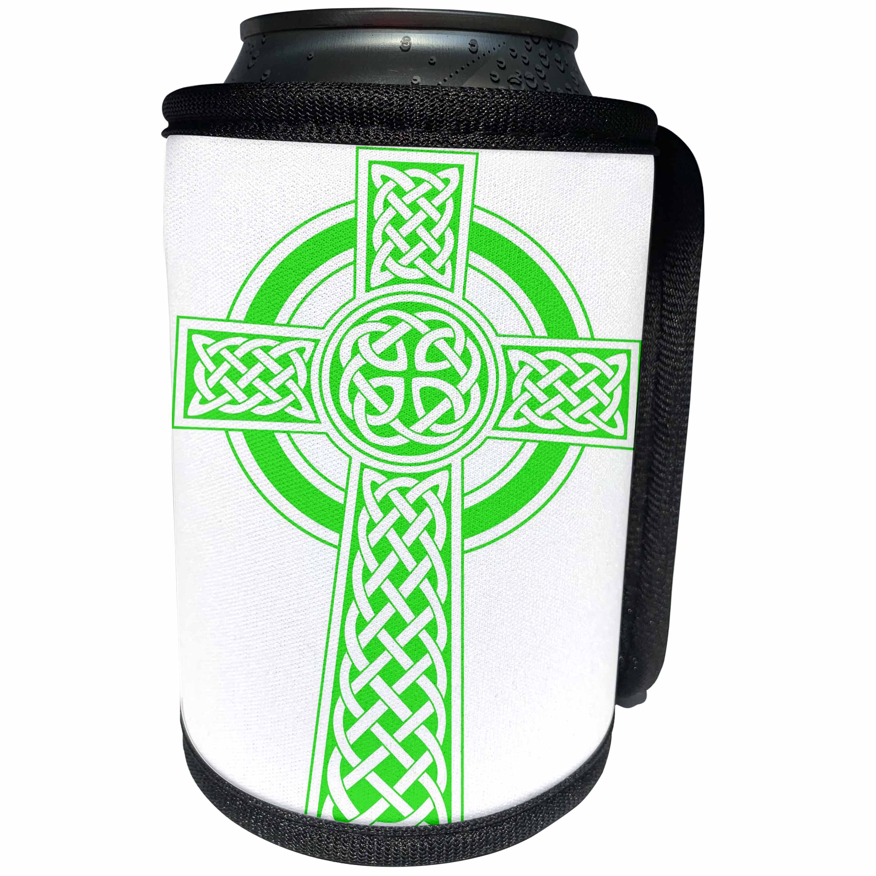 3dRose Taiche - Vector - Celtic Cross - St Patricks Day Celtic Cross Green and White - Can Cooler Bottle Wrap (cc_275681)