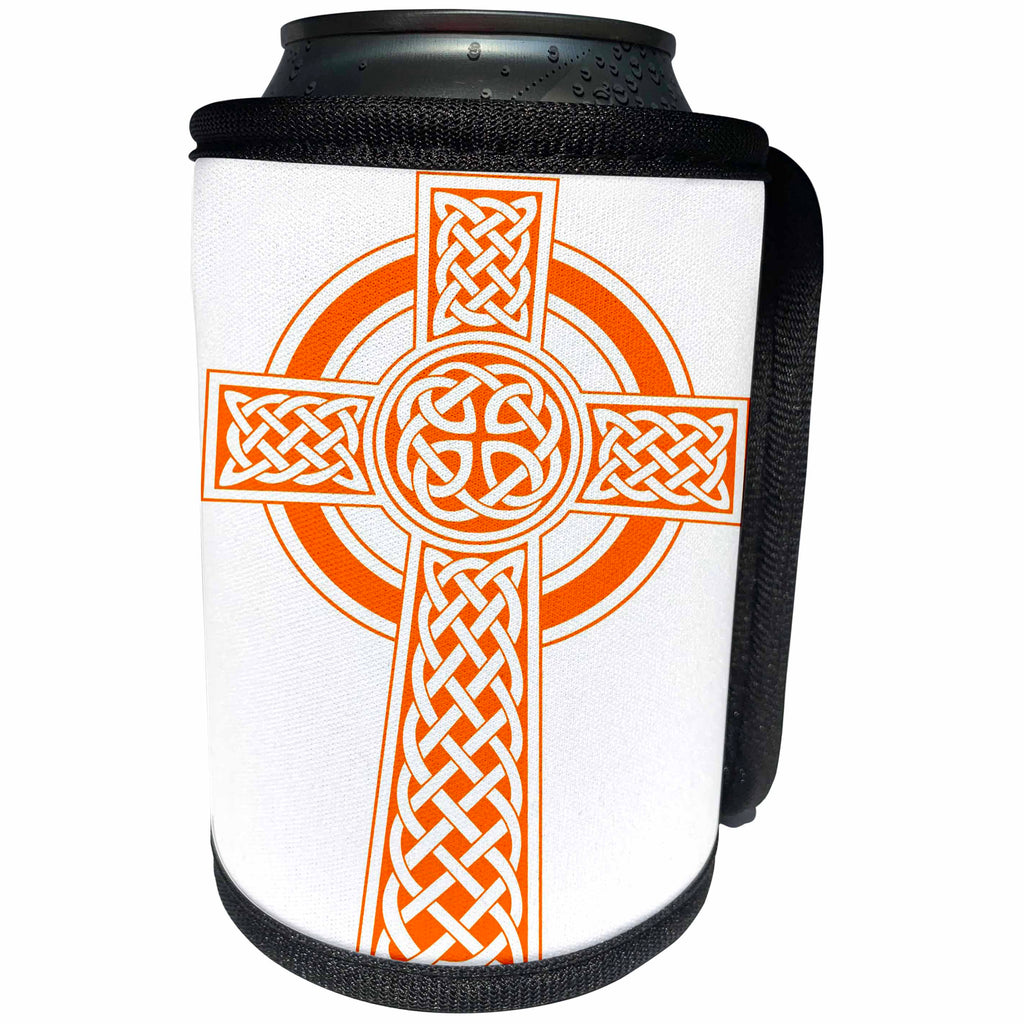 3dRose Taiche - Vector - Celtic Cross - St Patricks Day Celtic Cross Orange and White - Can Cooler Bottle Wrap (cc_275682)