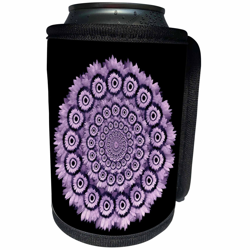 3dRose JaclinArt Garden Nature Florals Flowers Daisy Wreath Mandala Wedding - Lavender Purple Daisy Mandala Wreath on Black Background - Can Cooler Bottle Wrap (cc_27571)