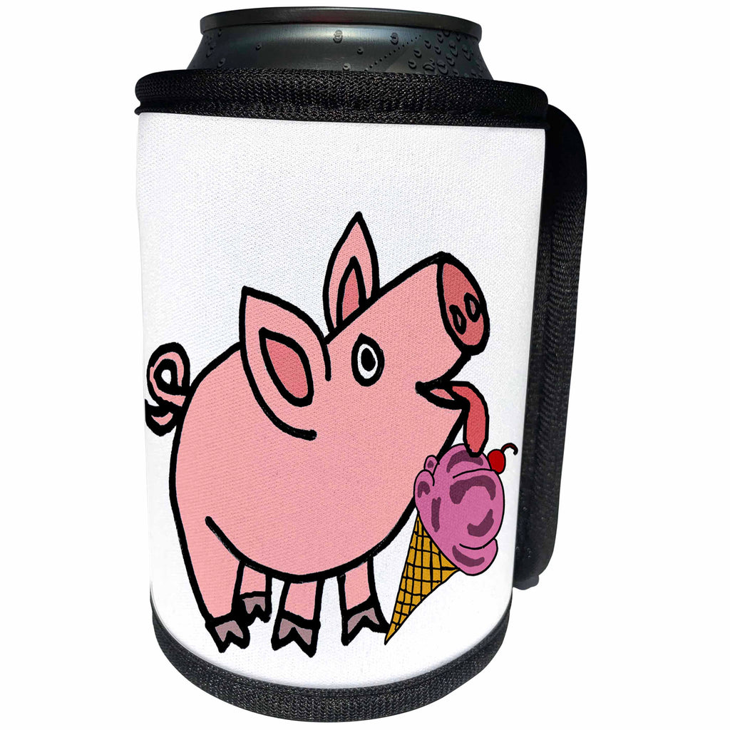 3dRose All Smiles Art Animals - Funny Cool Pink Pig eating ice Cream Cone Cartoon - Can Cooler Bottle Wrap (cc_275712)