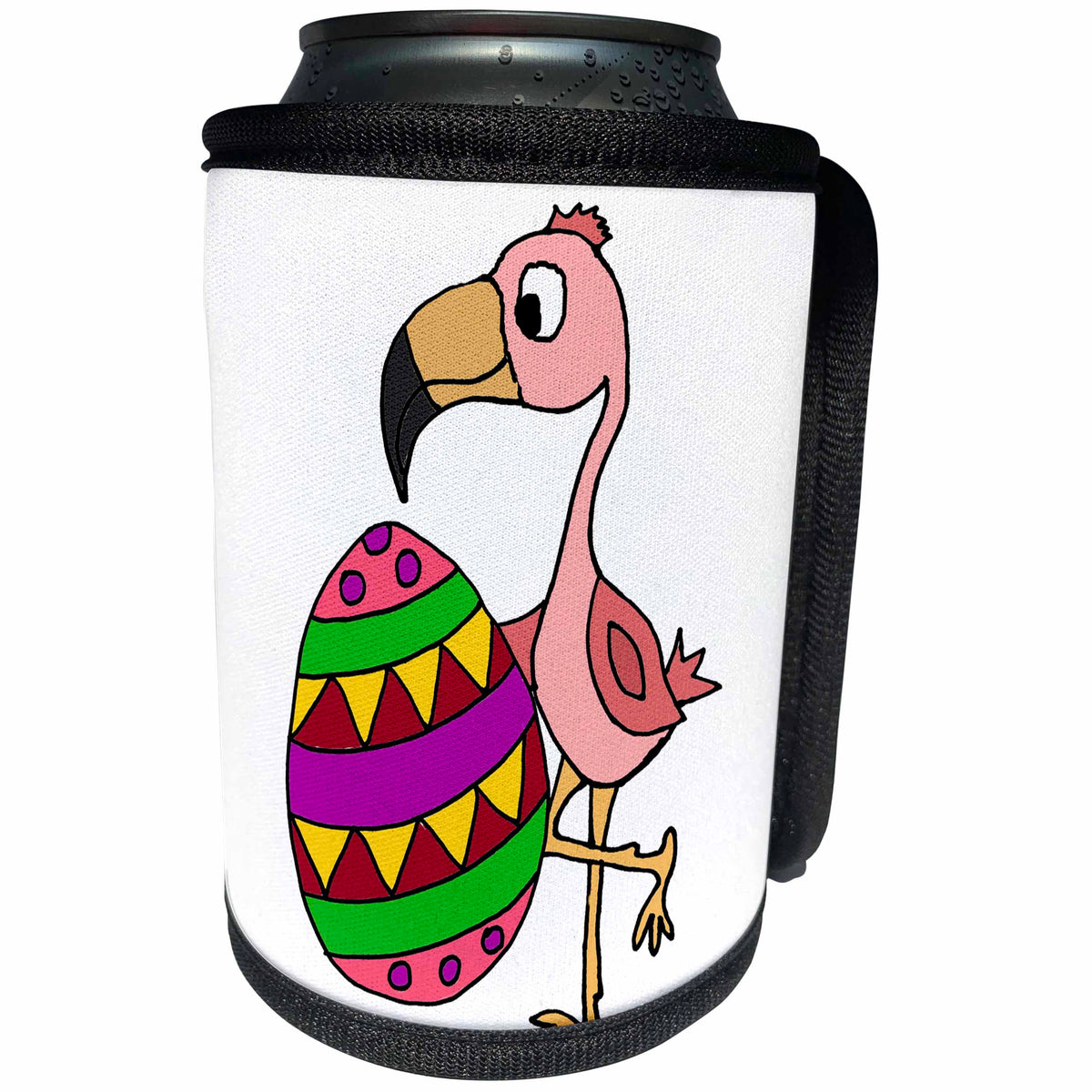 3dRose All Smiles Art Easter - Funny Cute Pink Flamingo Bird with Easter egg Cartoon - Can Cooler Bottle Wrap (cc_275723)