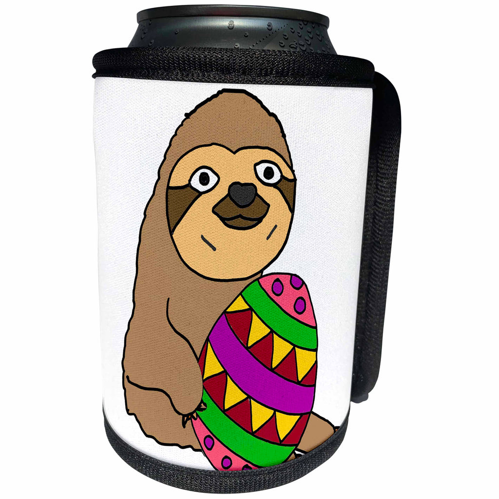 3dRose All Smiles Art Easter - Cute Funny Sloth holding Colorful Easter Egg Cartoon - Can Cooler Bottle Wrap (cc_275724)