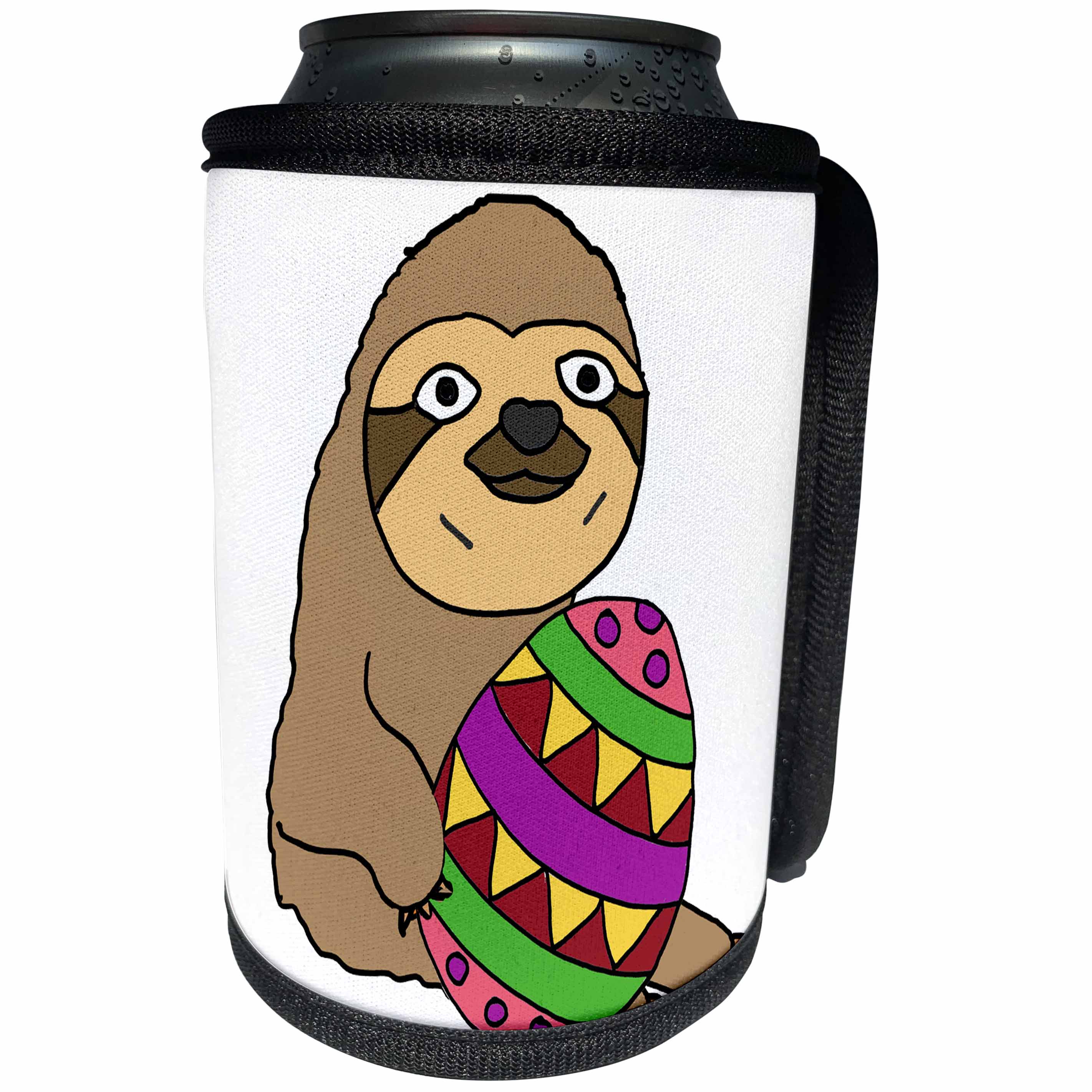 3dRose All Smiles Art Easter - Cute Funny Sloth holding Colorful Easter Egg Cartoon - Can Cooler Bottle Wrap (cc_275724)