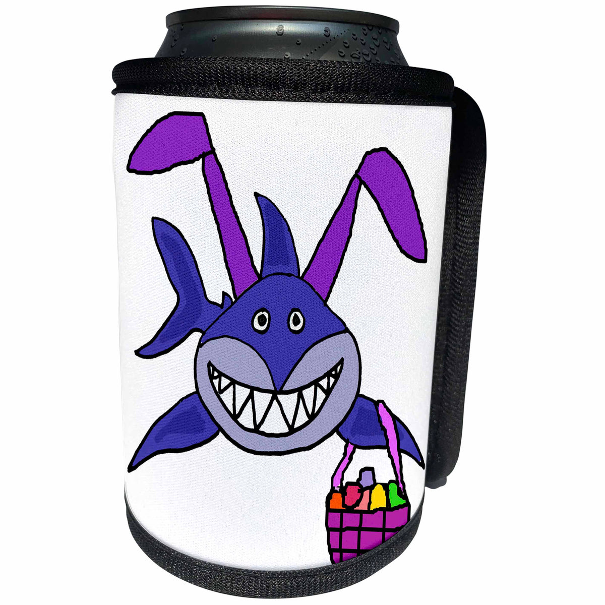 3dRose All Smiles Art Easter - Funny Cute Shark with Easter Basket and Bunny ears - Can Cooler Bottle Wrap (cc_275727)