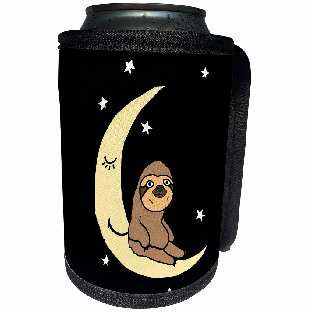3dRose All Smiles Art Animals - Funny Funky Sloth sitting on Moon with Stars - Can Cooler Bottle Wrap (cc_275728)