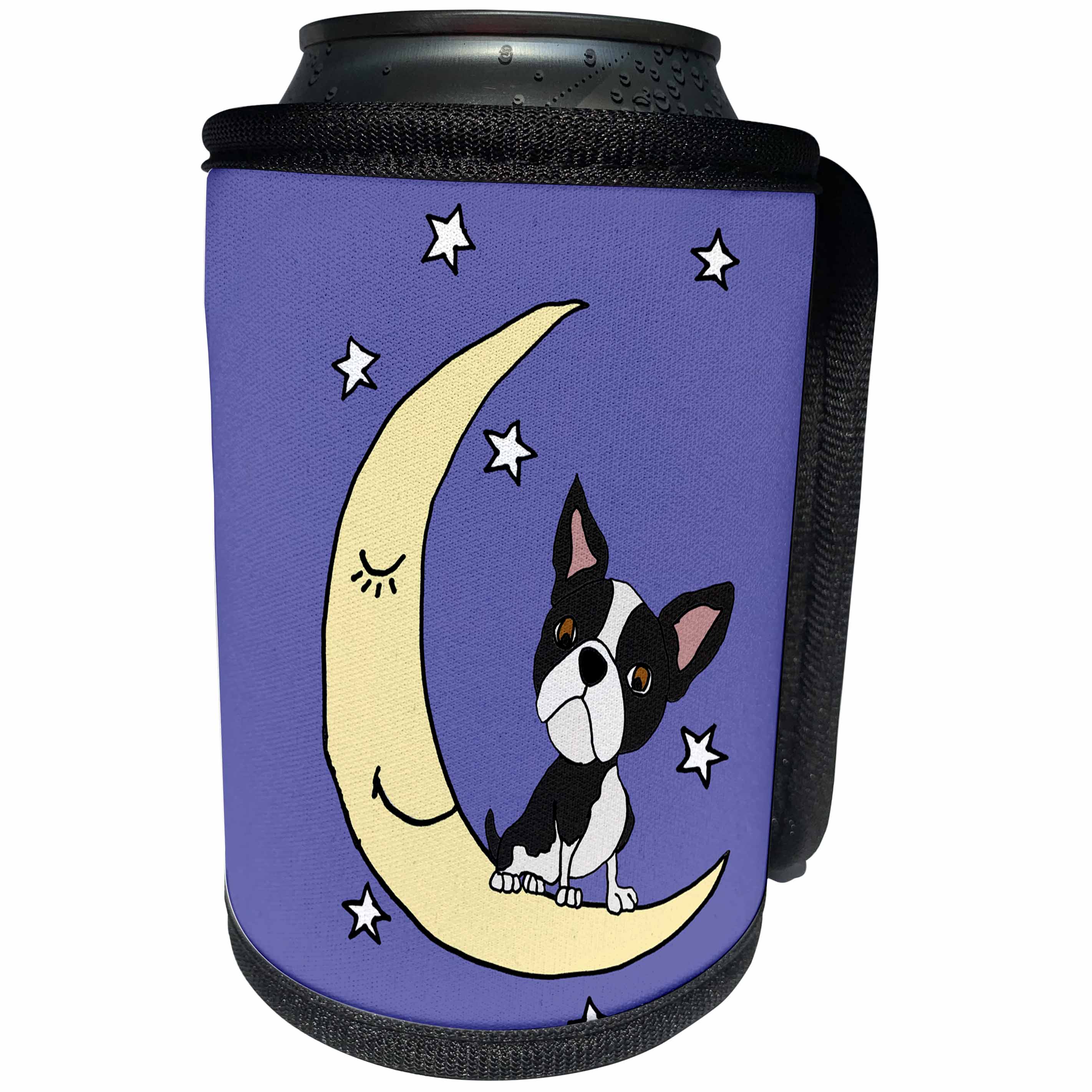 3dRose All Smiles Art Pets - Funny Cute Boston Terrier Dog sitting on Moon Cartoon - Can Cooler Bottle Wrap (cc_275729)