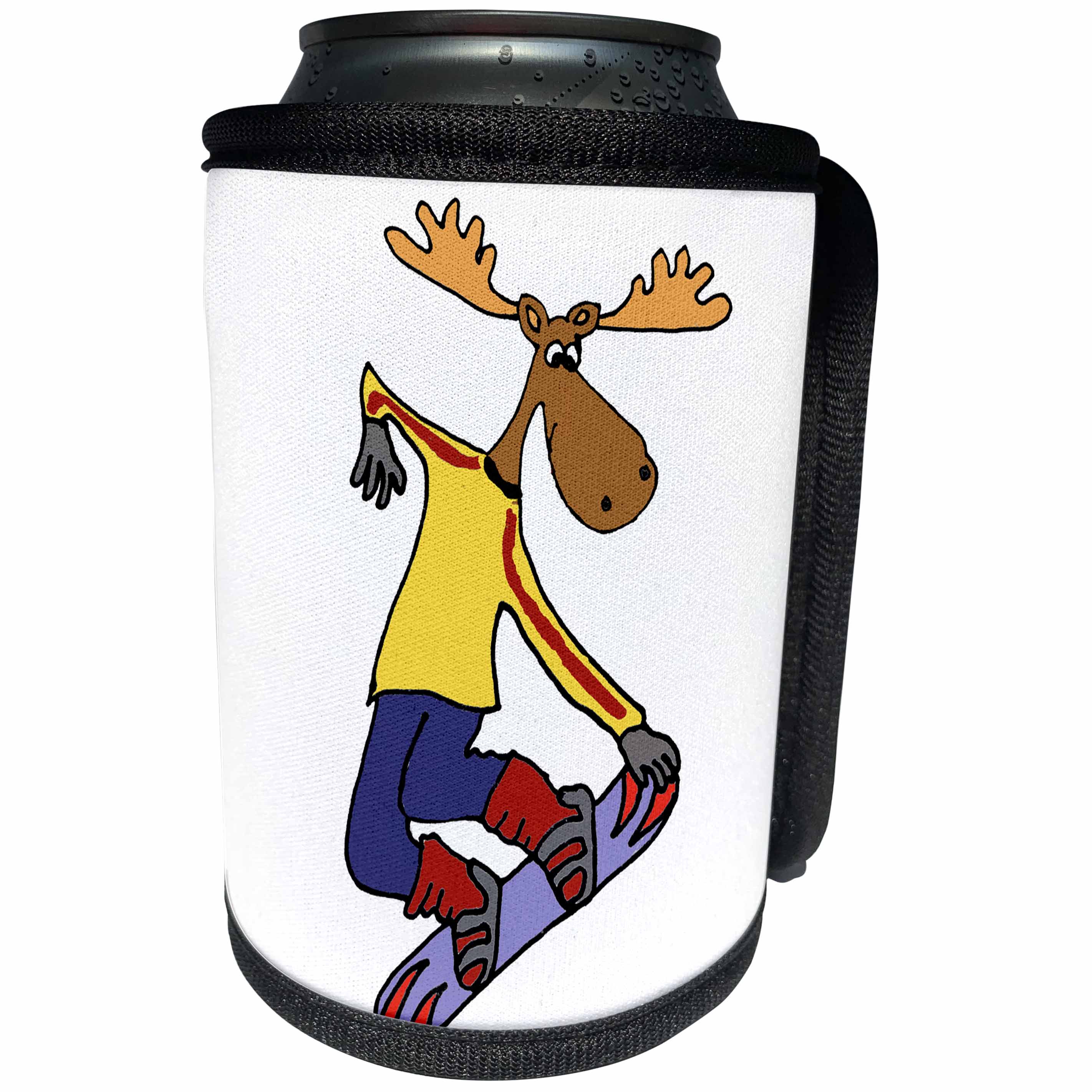 3dRose All Smiles Art Sports and Hobbies - Funny Cute Moose Snowboarding Cartoon - Can Cooler Bottle Wrap (cc_275779)