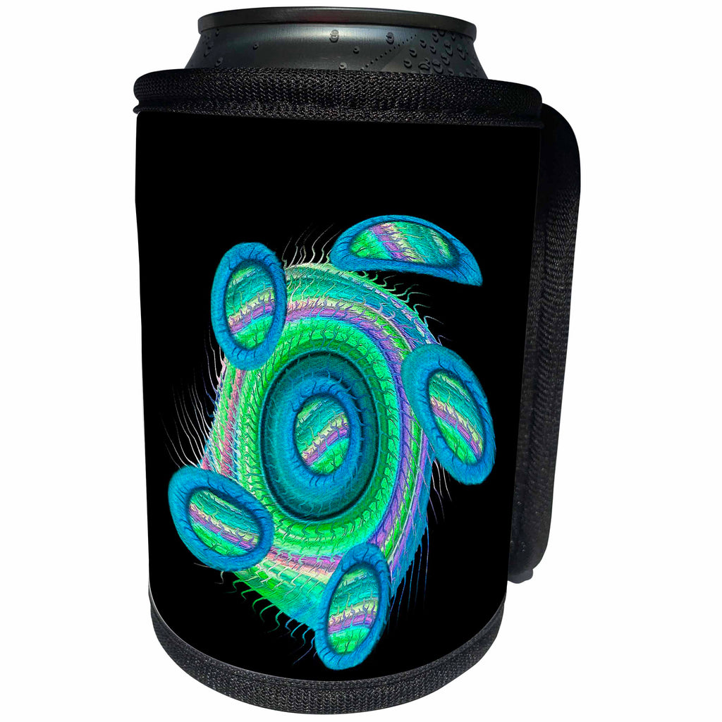 3dRose Jaclinart Turtle Animal Surreal Space Digital Psychedelic Funky - Fantasy blue sci fi turtle floating through space on black background - Can Cooler Bottle Wrap (cc_27578)