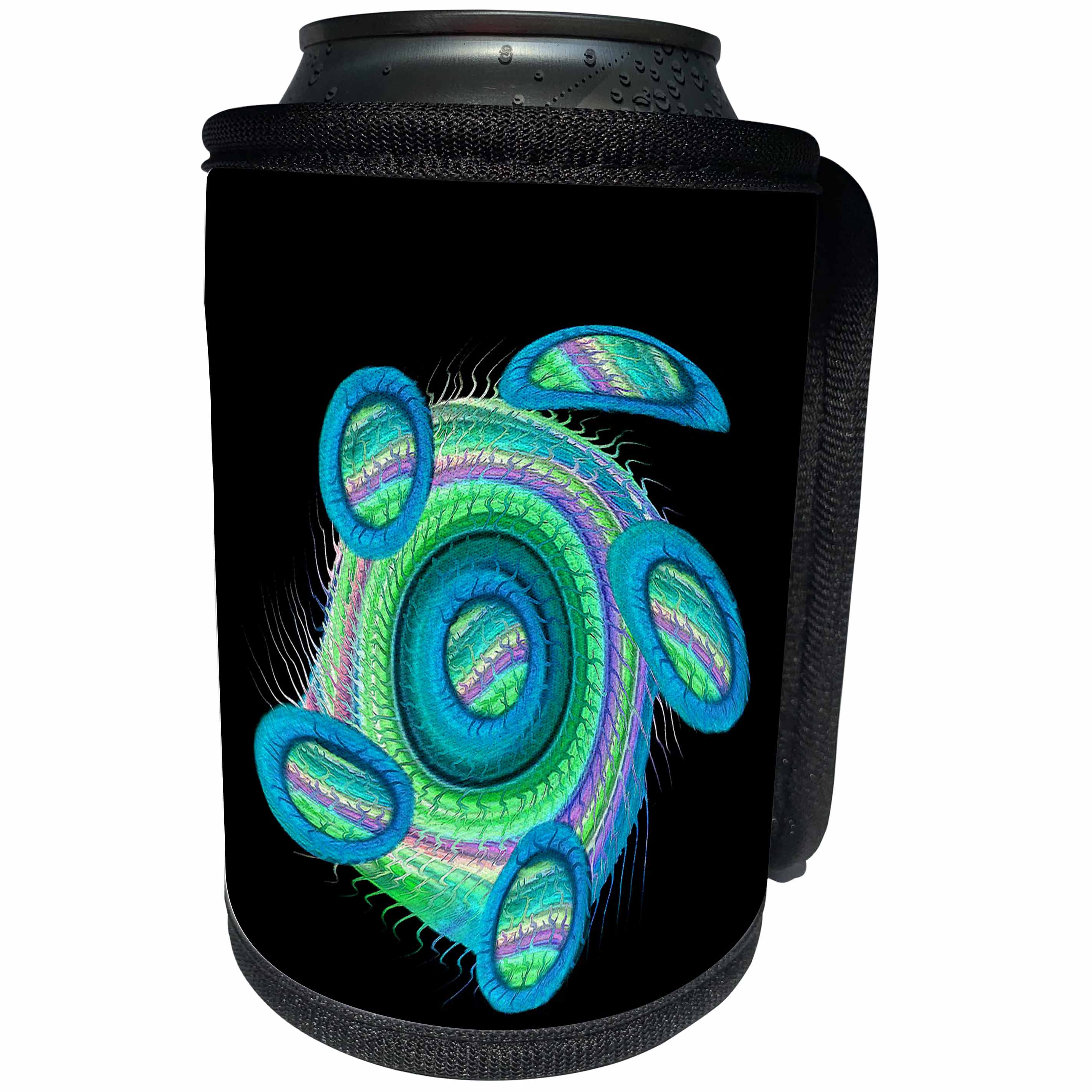 3dRose Jaclinart Turtle Animal Surreal Space Digital Psychedelic Funky - Fantasy blue sci fi turtle floating through space on black background - Can Cooler Bottle Wrap (cc_27578)