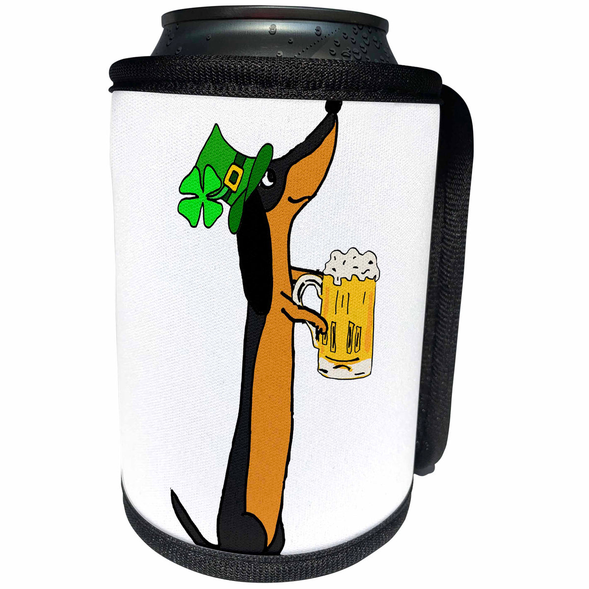 3dRose All Smiles Art Holidays - Fun Cool Dachshund Dog Drinking Beer St Patricks Day Art - Can Cooler Bottle Wrap (cc_275787)