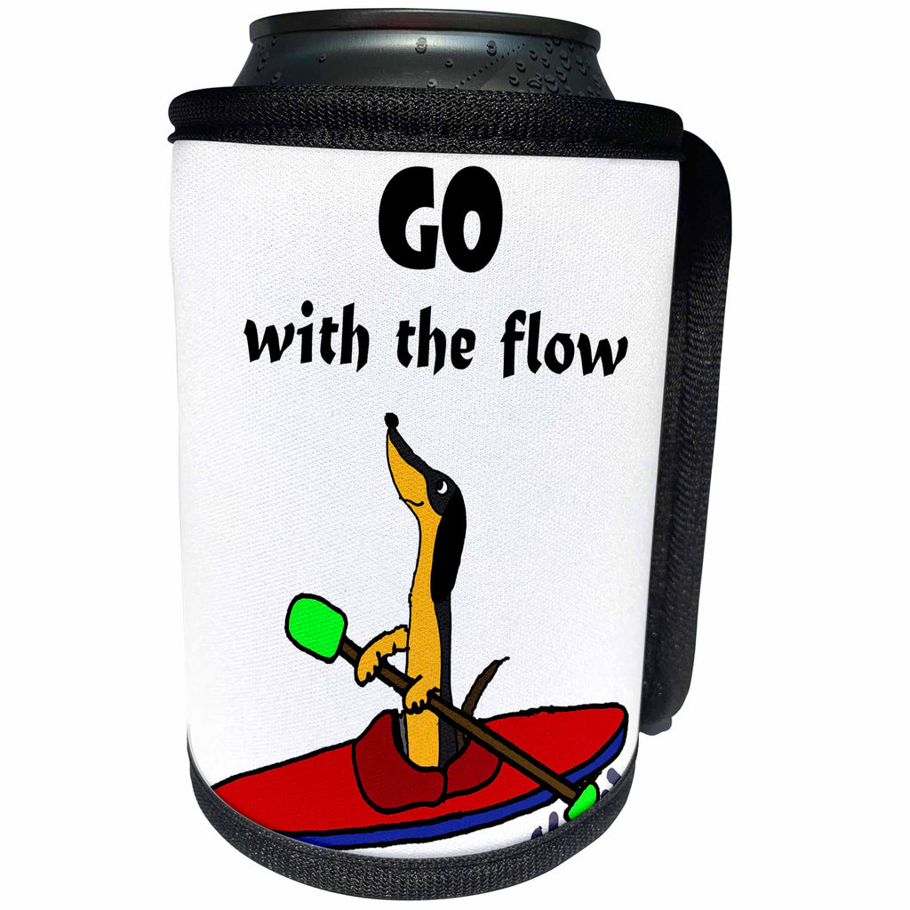 3dRose All Smiles Art Sports and Hobbies - Funny Cute Dachshund Kayaking Go with the Flow Pun Cartoon - Can Cooler Bottle Wrap (cc_275793)