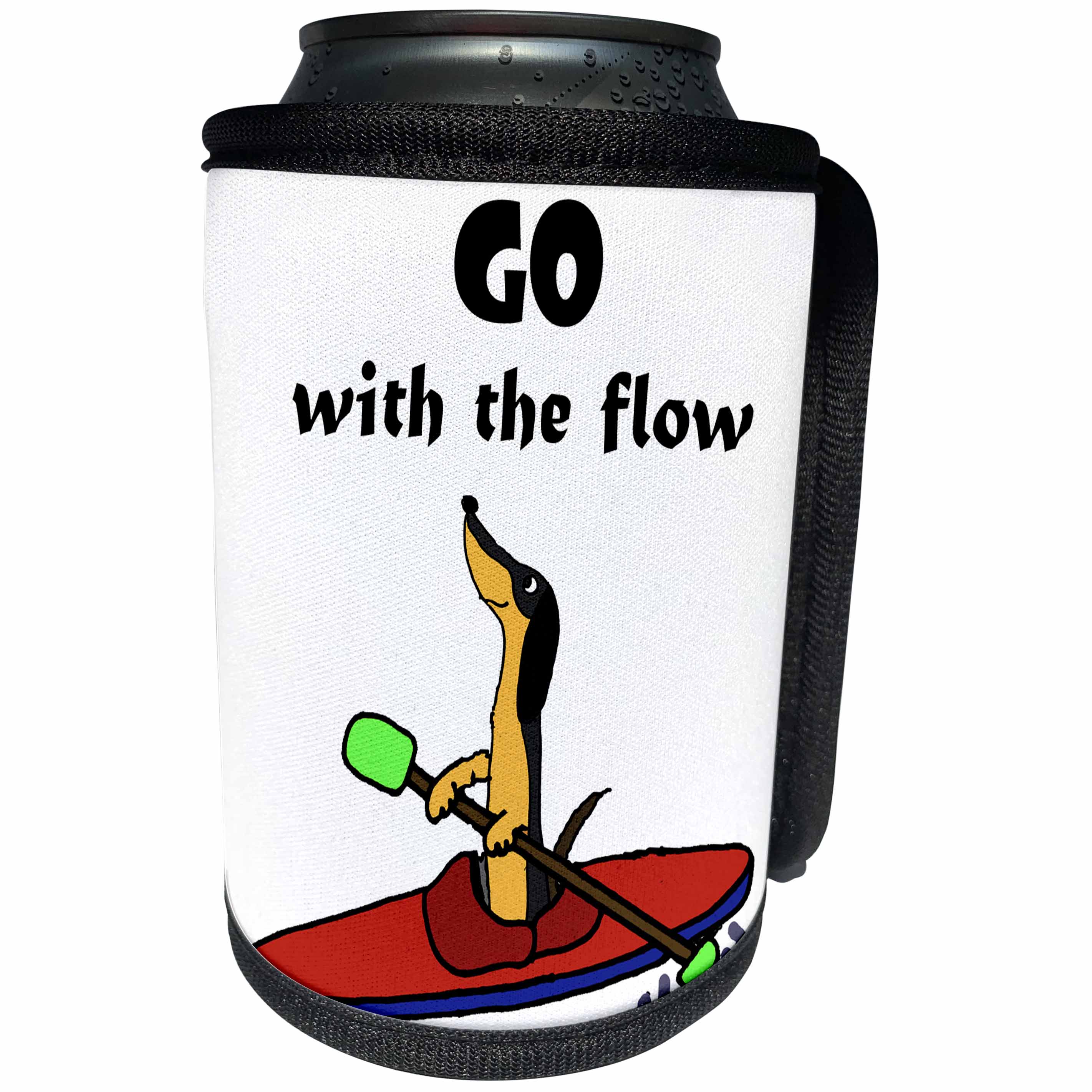 3dRose All Smiles Art Sports and Hobbies - Funny Cute Dachshund Kayaking Go with the Flow Pun Cartoon - Can Cooler Bottle Wrap (cc_275793)