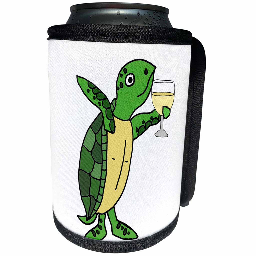 3dRose All Smiles Art Drinking - Funny Cute Sea Turtle Drinking White Wine Cartoon - Can Cooler Bottle Wrap (cc_275799)