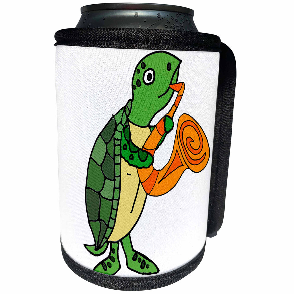 3dRose All Smiles Art Music - Funny Cute Sea Turtle Playing saxophone Cartoon - Can Cooler Bottle Wrap (cc_275804)