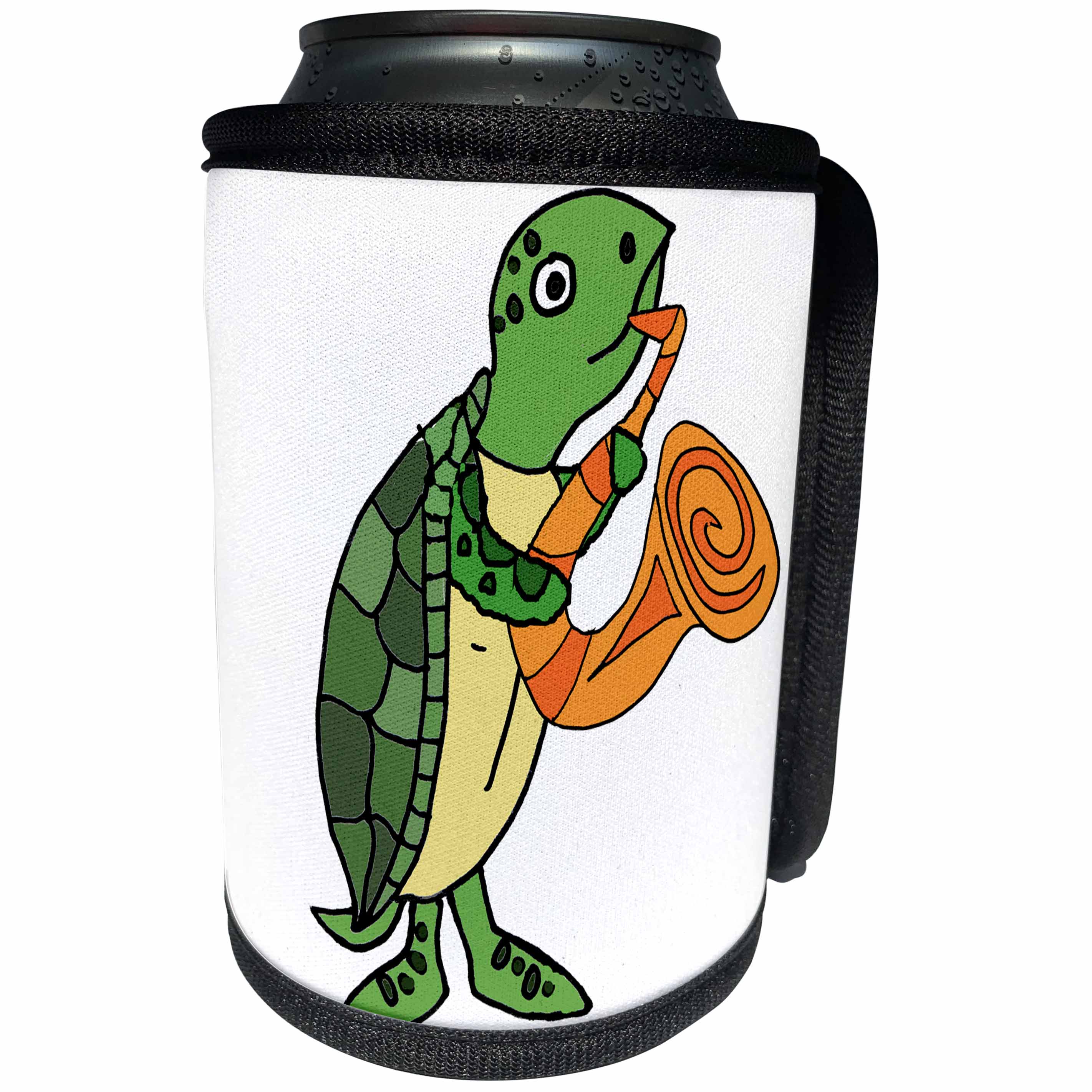 3dRose All Smiles Art Music - Funny Cute Sea Turtle Playing saxophone Cartoon - Can Cooler Bottle Wrap (cc_275804)