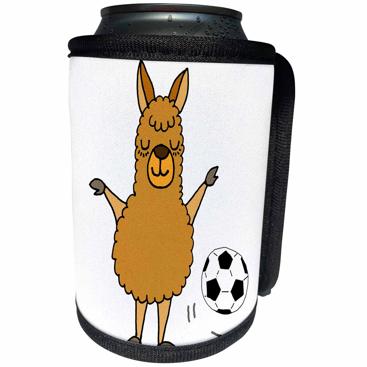 3dRose All Smiles Art Sports and Hobbies - Cute Funny Llama Playing Soccer Cartoon - Can Cooler Bottle Wrap (cc_275811)