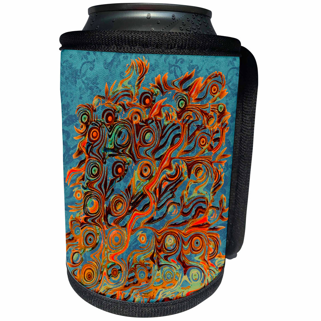 3dRose Jaclinart Abstract Roots Tree Damask Grunge Stripes Psychedelic - Abstract tree roots in hues of orange gold and brown on blue damask background - Can Cooler Bottle Wrap (cc_27585)
