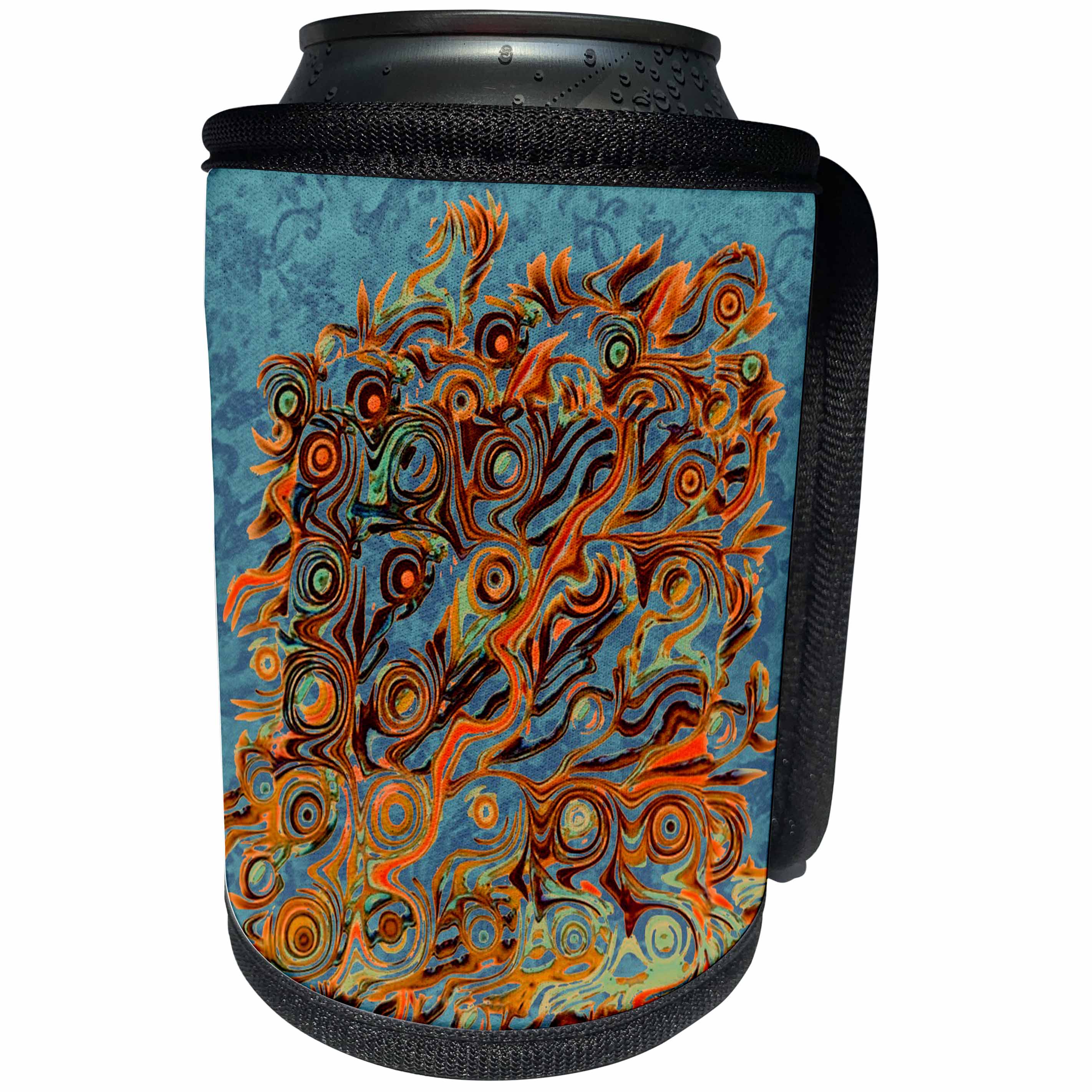 3dRose Jaclinart Abstract Roots Tree Damask Grunge Stripes Psychedelic - Abstract tree roots in hues of orange gold and brown on blue damask background - Can Cooler Bottle Wrap (cc_27585)