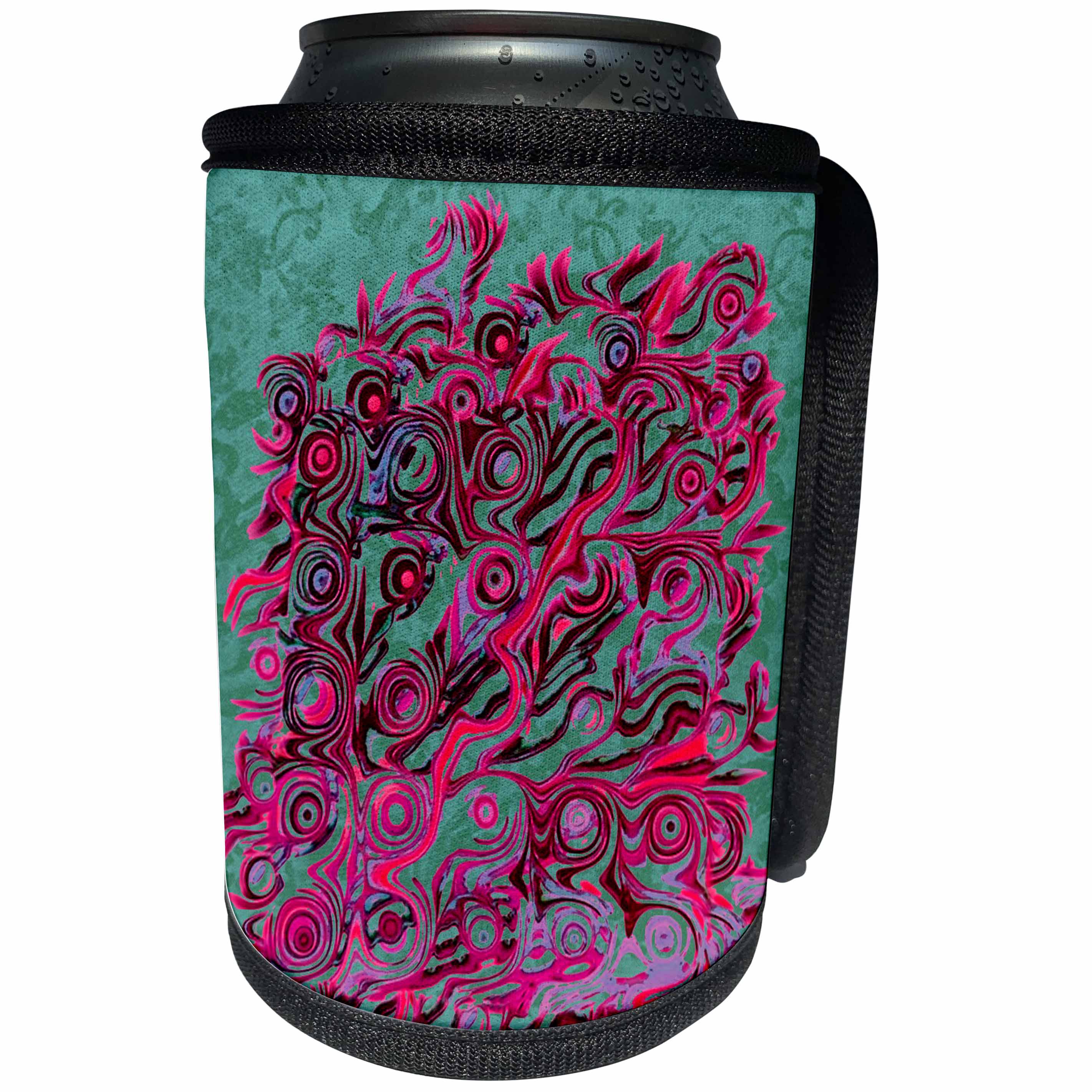 3dRose Can Cooler Wrap - Jaclinart Abstract Tree Roots in Pink, Magenta, Wine on Teal Damask