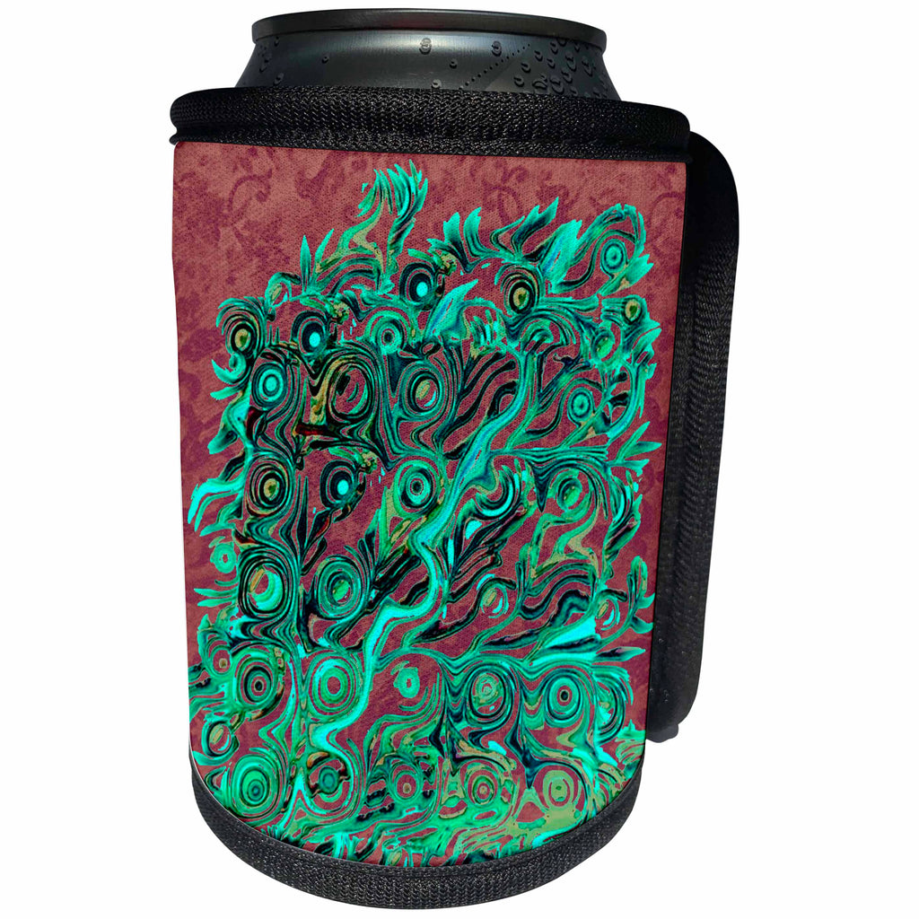 3dRose Jaclinart Abstract Roots Tree Damask Grunge Stripes Psychedelic - Abstract tree roots in hues of teal and mint green on coffee brown damask background - Can Cooler Bottle Wrap (cc_27589)