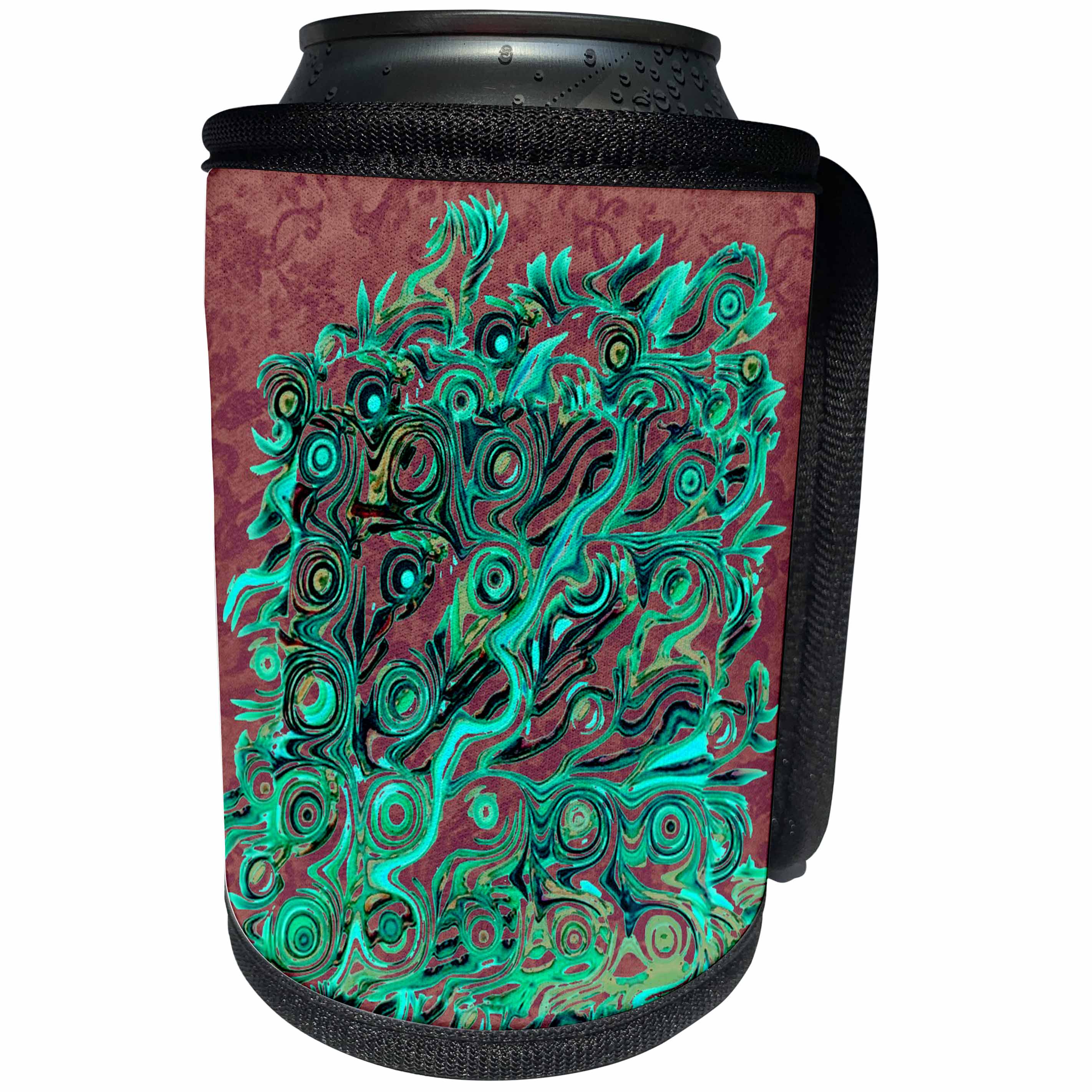 3dRose Jaclinart Abstract Roots Tree Damask Grunge Stripes Psychedelic - Abstract tree roots in hues of teal and mint green on coffee brown damask background - Can Cooler Bottle Wrap (cc_27589)