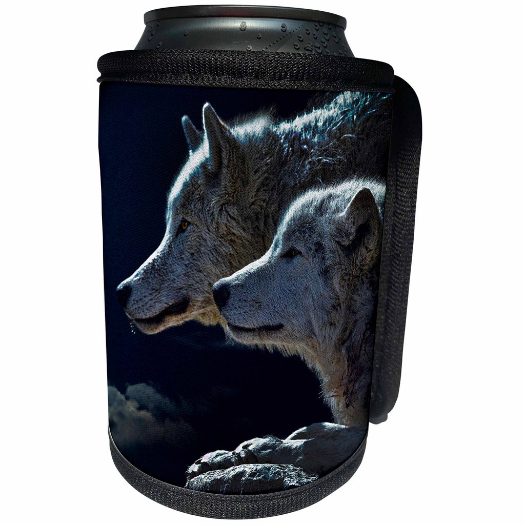 3dRose Sven Herkenrath Animal - Two White Wolfs Sitting on a Rock with a Black Background - Can Cooler Bottle Wrap (cc_275910)