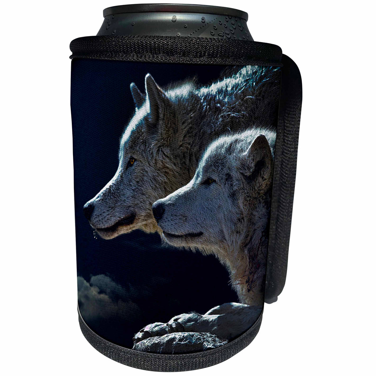 3dRose Sven Herkenrath Animal - Two White Wolfs Sitting on a Rock with a Black Background - Can Cooler Bottle Wrap (cc_275910)