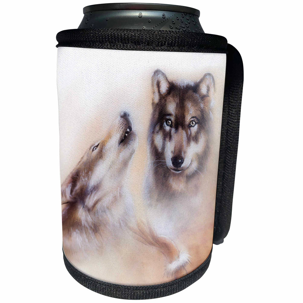 3dRose Sven Herkenrath Animal - A Beautiful Soft Drawing of Two Wolf Heads with a Blurry Background - Can Cooler Bottle Wrap (cc_275923)