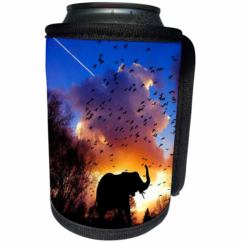 3dRose Sven Herkenrath Animal - The Silhouette of a Lonely Elephant at Sunrise With a Cloud in Background - Can Cooler Bottle Wrap (cc_275925)
