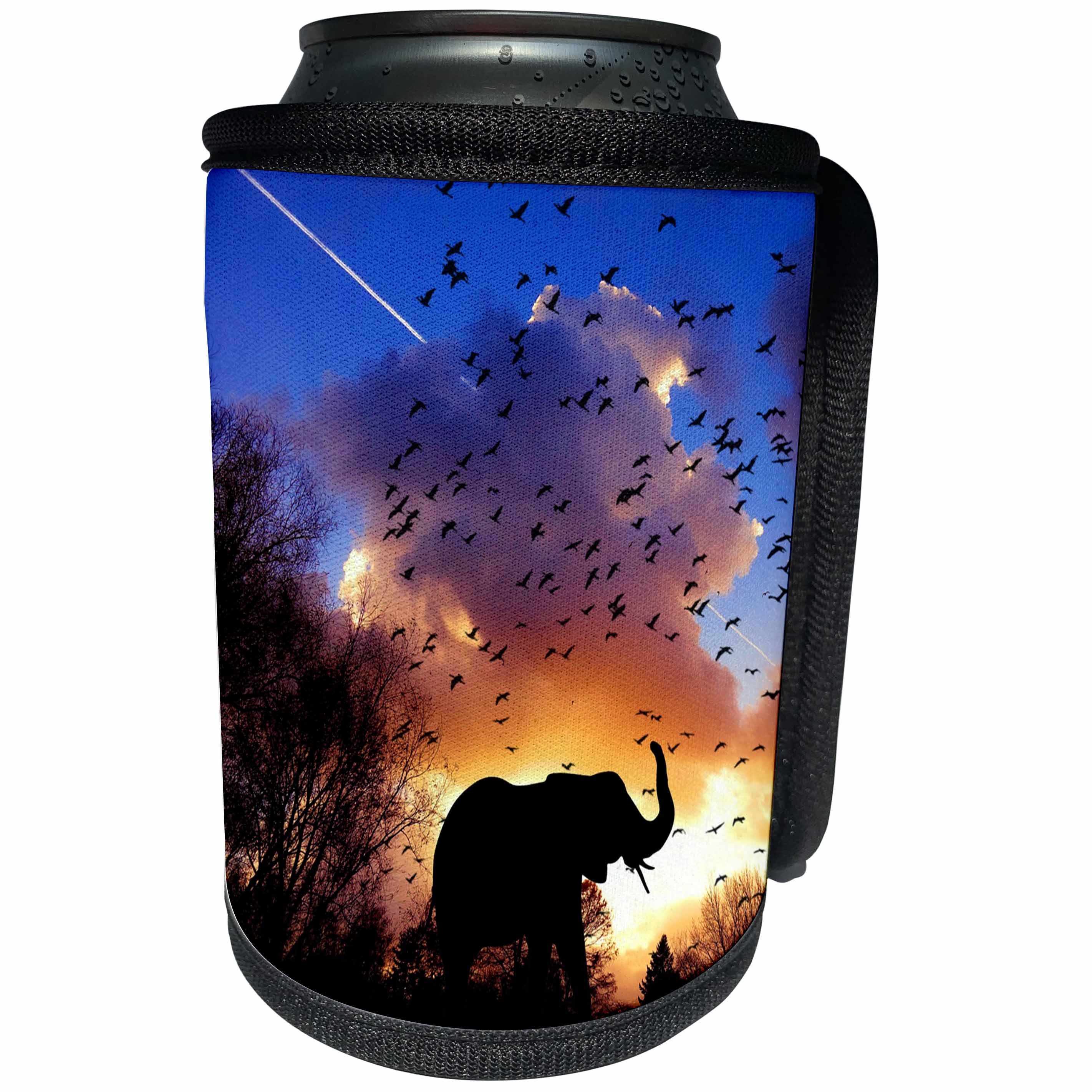 3dRose Sven Herkenrath Animal - The Silhouette of a Lonely Elephant at Sunrise With a Cloud in Background - Can Cooler Bottle Wrap (cc_275925)