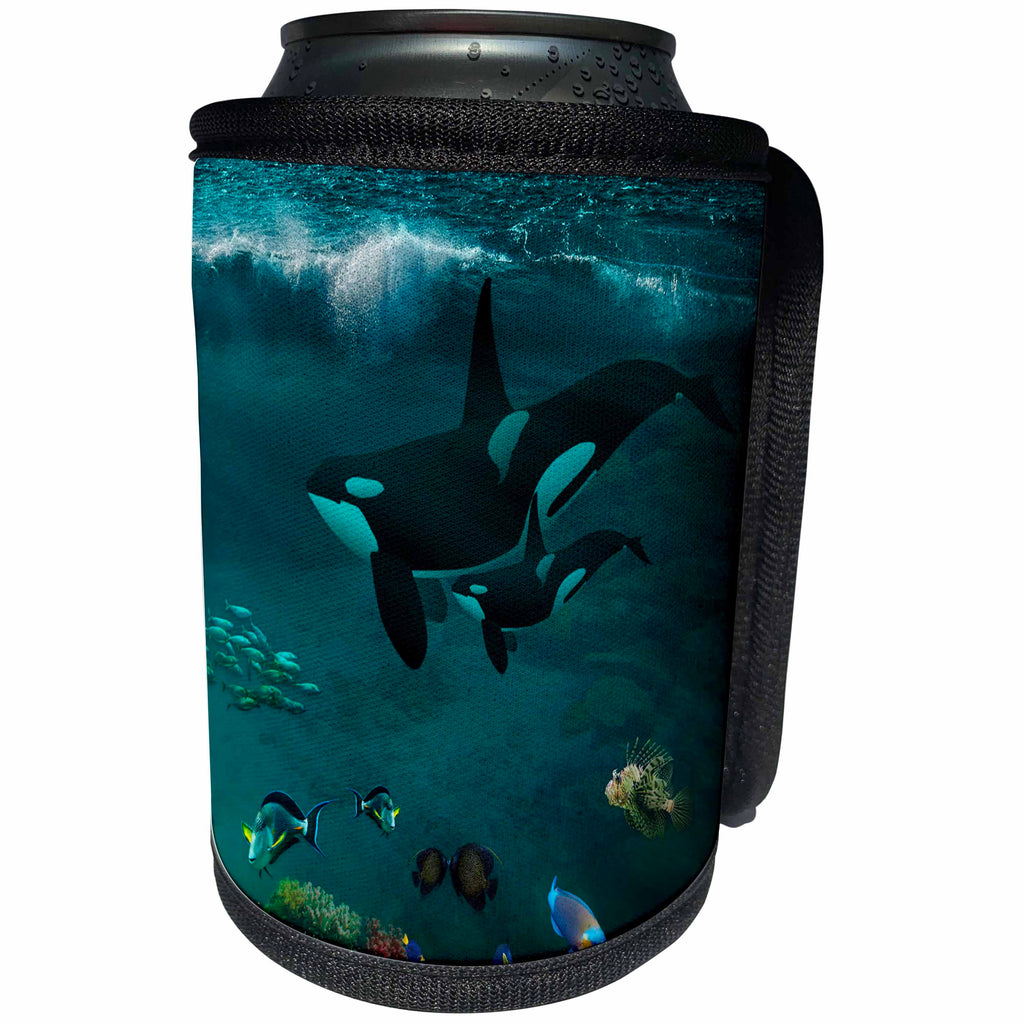 3dRose Sven Herkenrath Fantasy - Picture of a Two Cute Wales and Colorful Fishes under Water - Can Cooler Bottle Wrap (cc_275928)