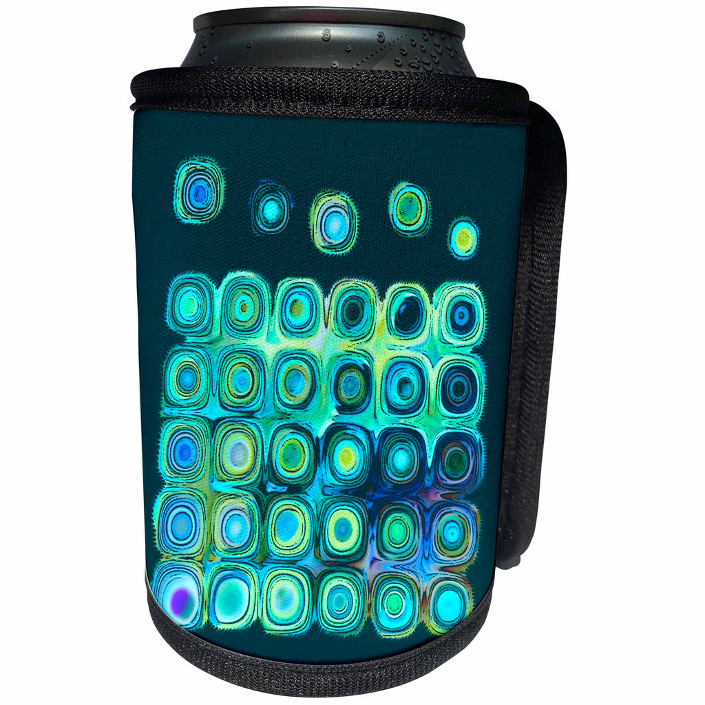 3dRose Jaclinart Abstract Circles Sun Planet Space Psychedelic Retro - Abstract sci fi suns and planets in mint green on dark teal green background - Can Cooler Bottle Wrap (cc_27593)