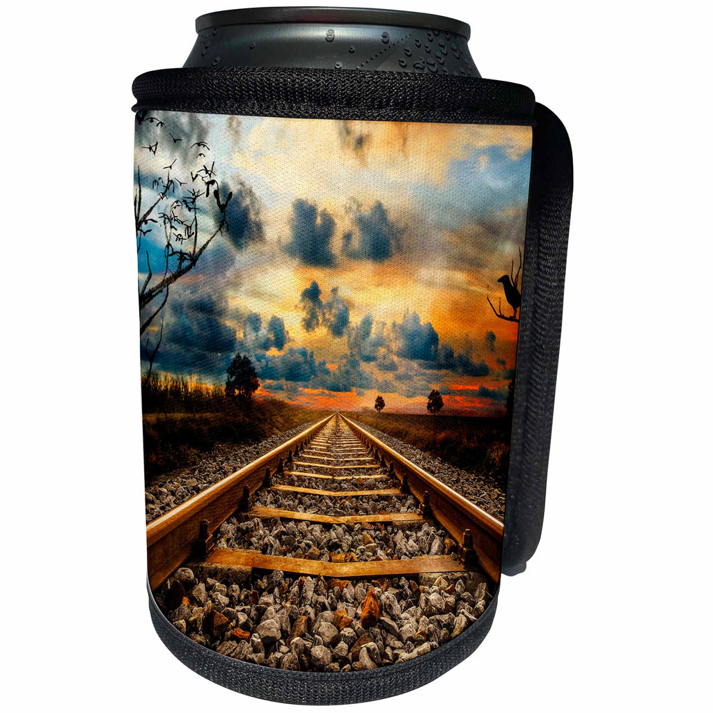 3dRose Sven Herkenrath Nature - An Empty Railroad Tracks Going into the Horizon at Sunset - Can Cooler Bottle Wrap (cc_275936)