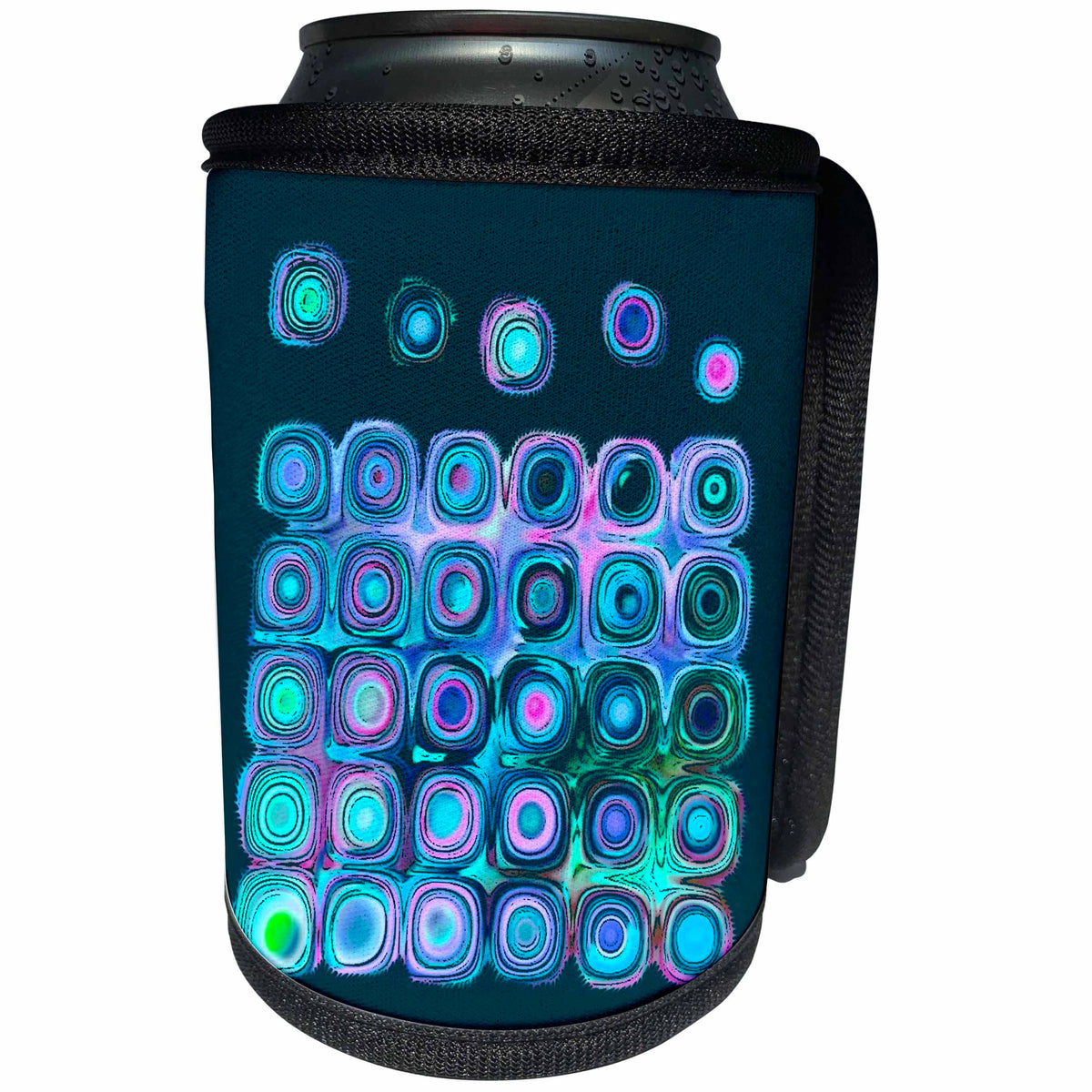 3dRose Jaclinart Abstract Circles Sun Planet Space Psychedelic Retro - Abstract sci fi suns and planets in blue purple pink on teal blue background - Can Cooler Bottle Wrap (cc_27594)